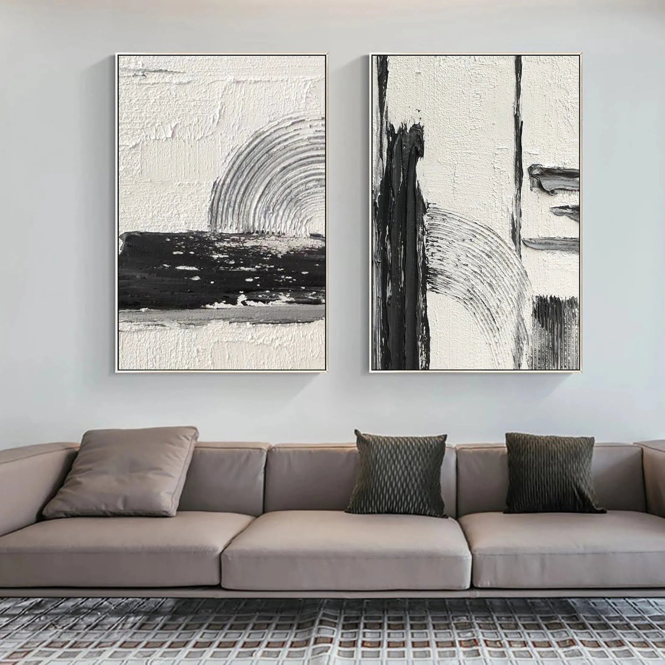 White and Black Minimalist Textured Canvas Set of 2 #MT051