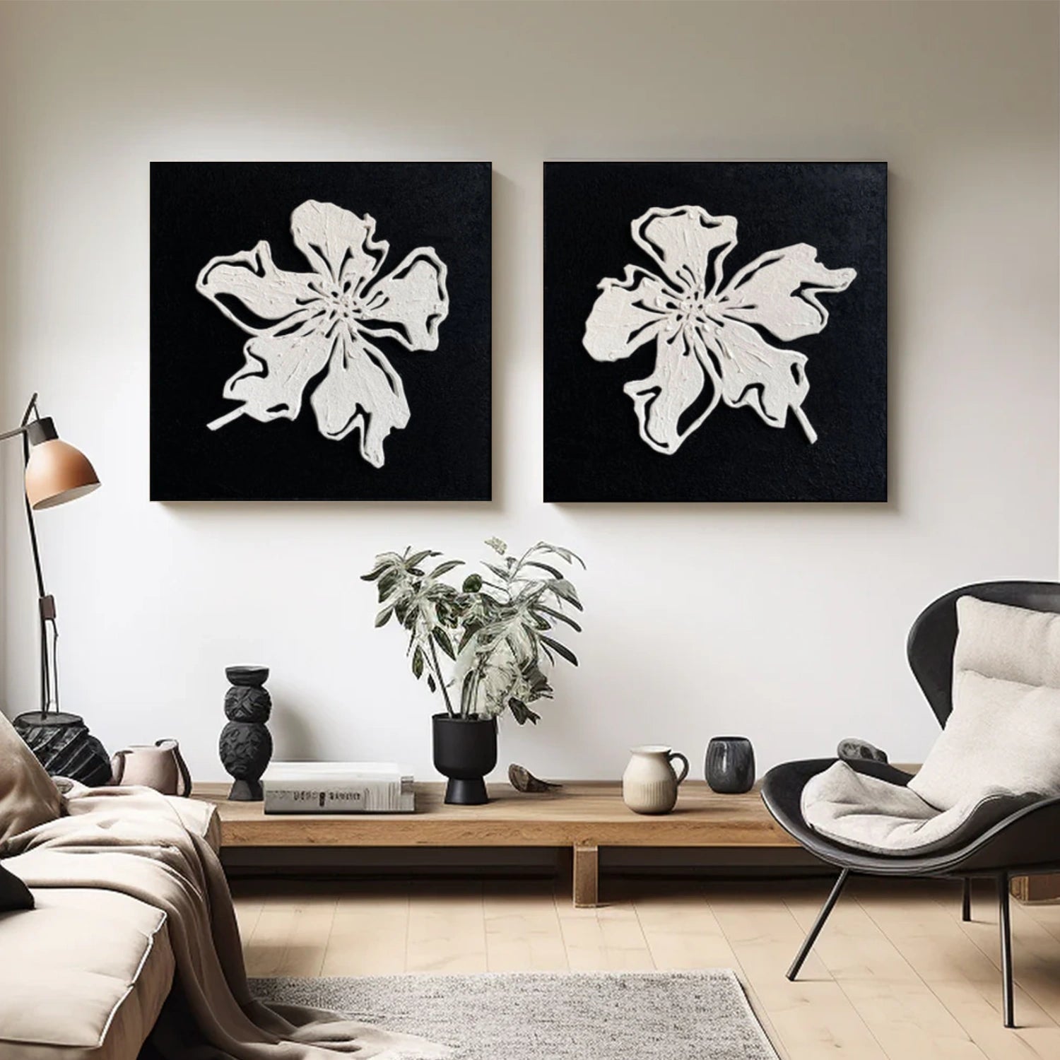 Black and White Flower Abstract Textured Wall Art Set of 2 #FP195