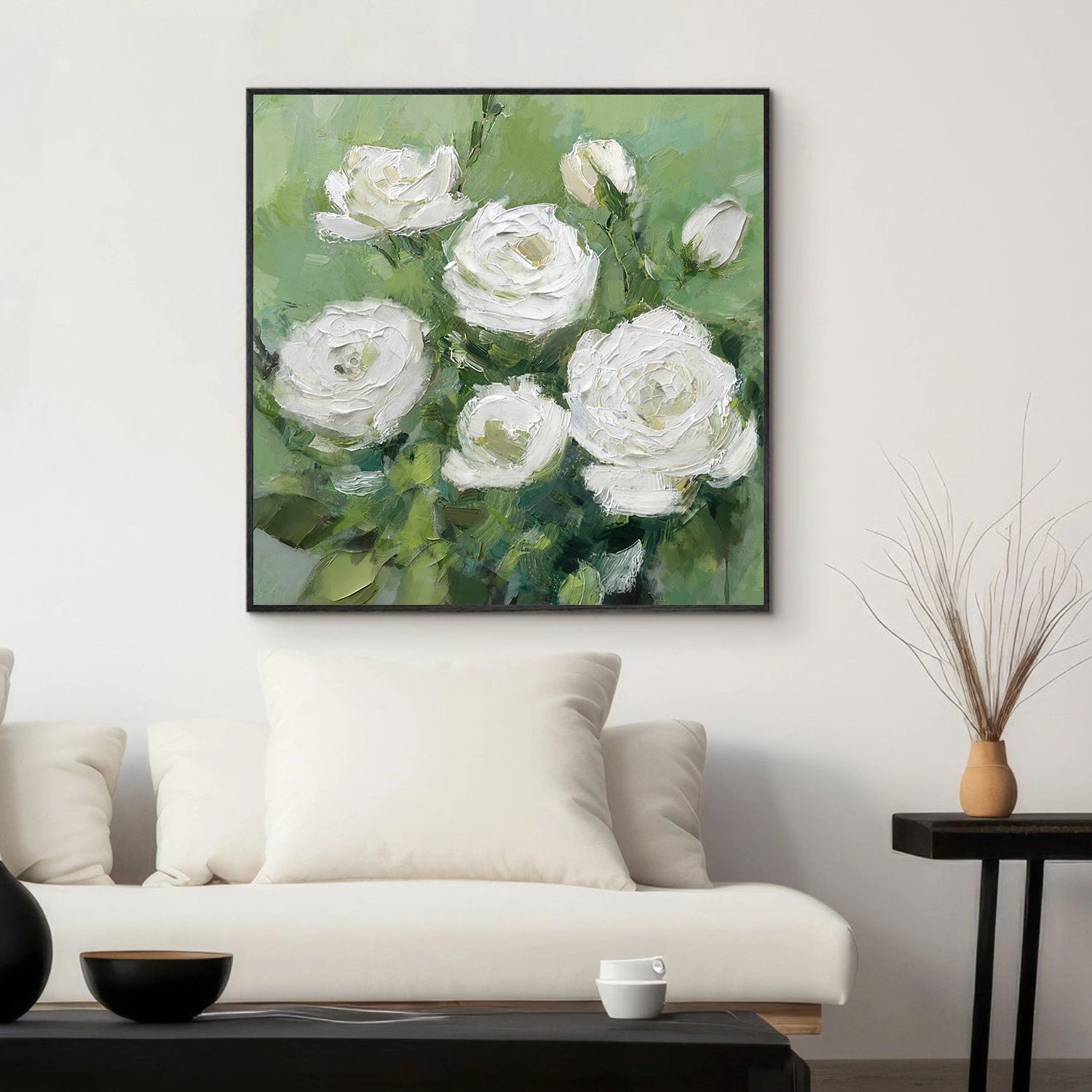 White and Green Flower Abstract Textured Wall Art #FP162