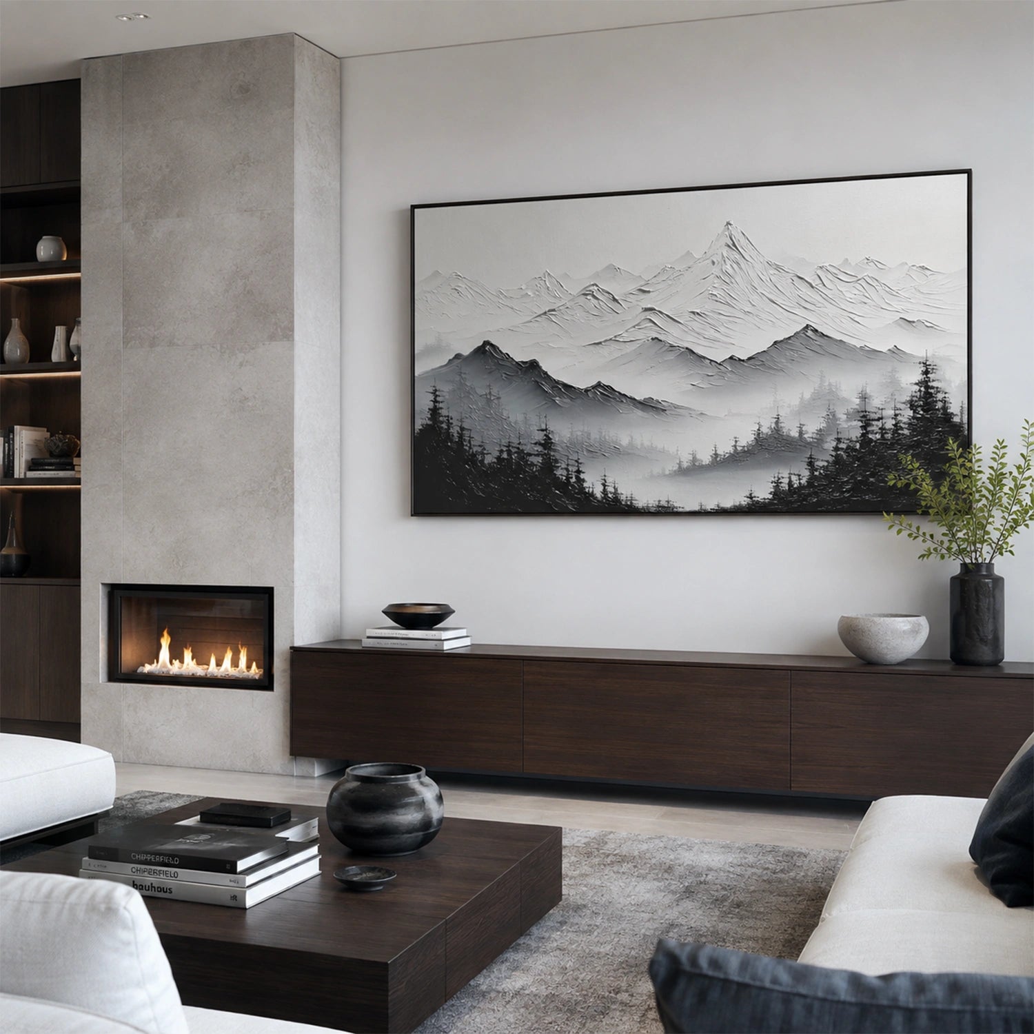 Black and White Minimalist Mountain Textured Canvas Art #MO073