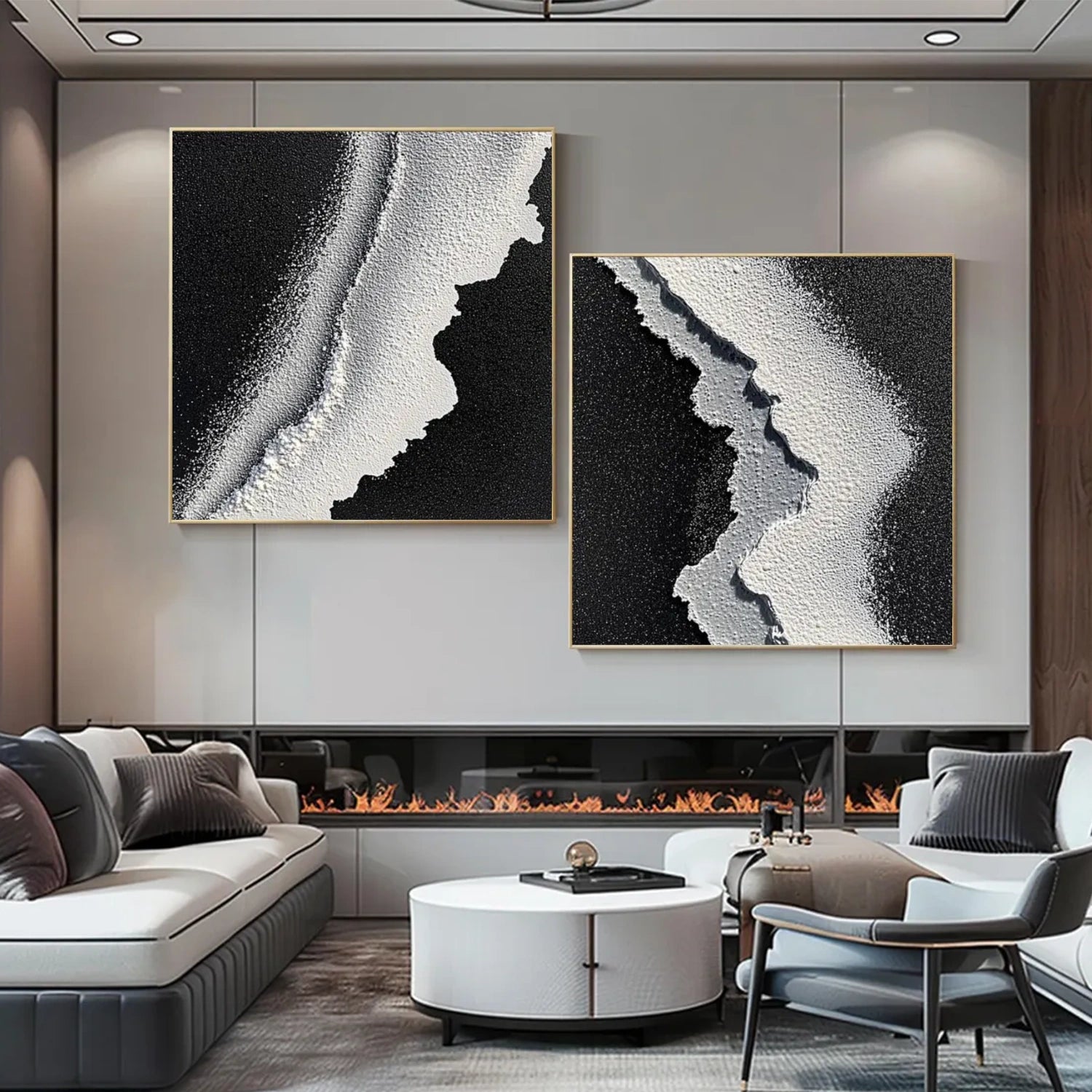 Black and White Ocean Abstract Textured Wall Art Set of 2 #OP040