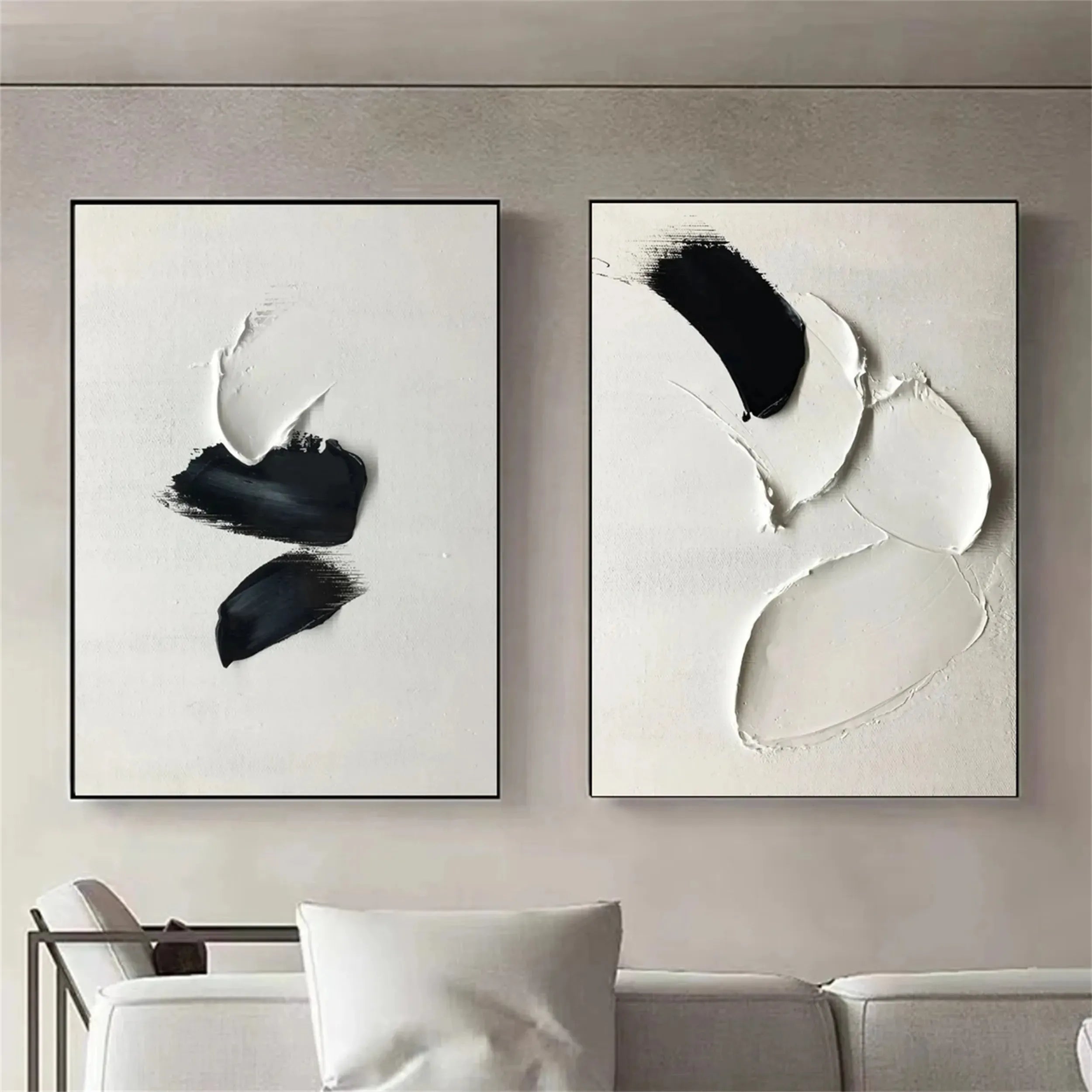 White and Black Minimalist Textured Canvas Set of 2 #MT049