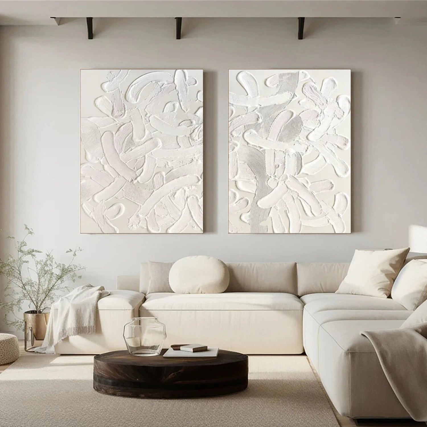 Beige and White Minimalist Textured Canvas Art Set of 2 #MT141