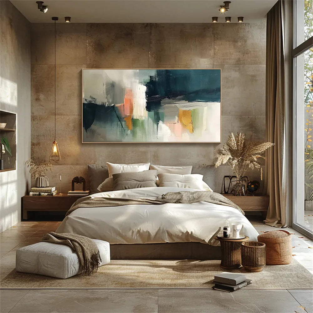 Horizontal colorful abstract canvas above a bed showing the impact of scale by Wonder Artwork