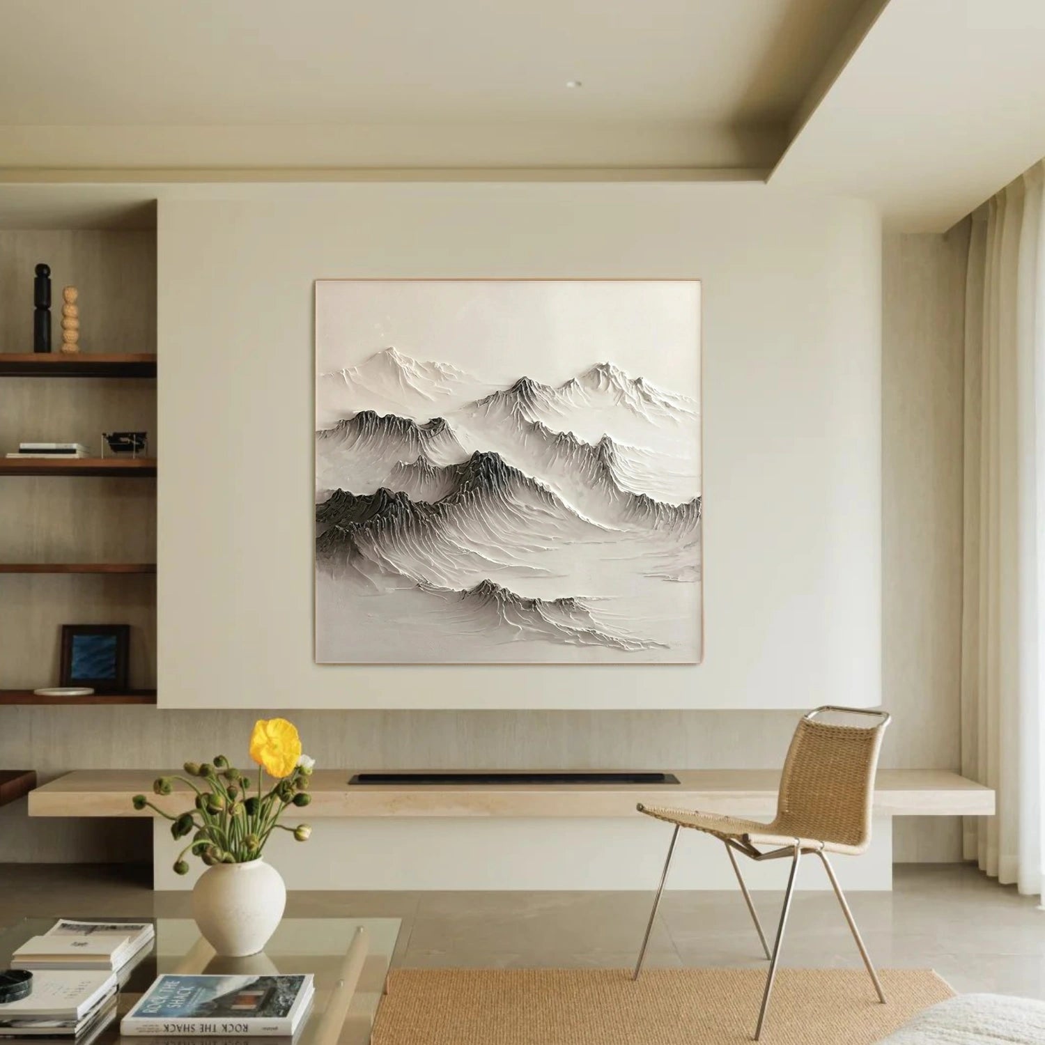 Black and White Minimalist Mountain Textured Canvas Art #MO062