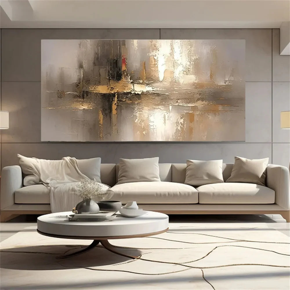 Horizontal abstract canvas with broad forms suited to a large living room wall by Wonder Artwork