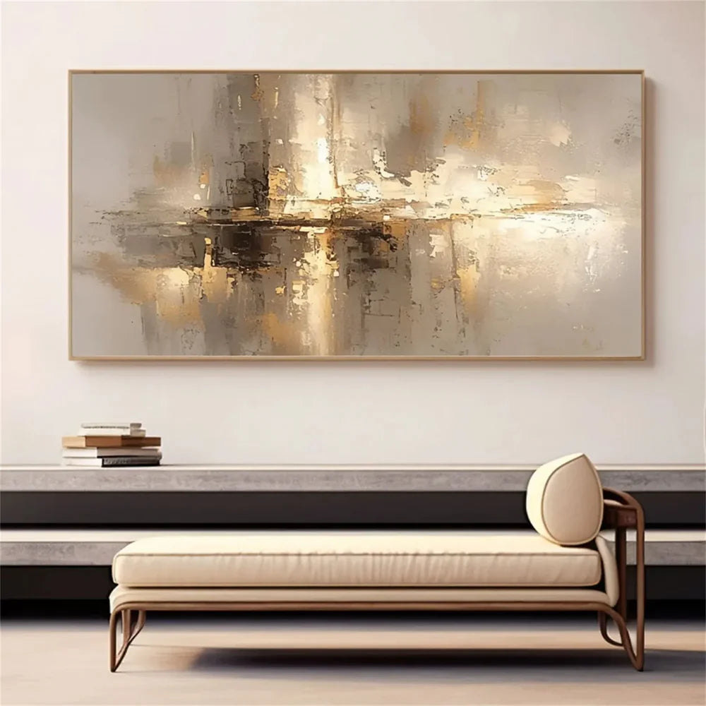 Wide contemporary abstract canvas artwork above a living room bench by Wonder Artwork