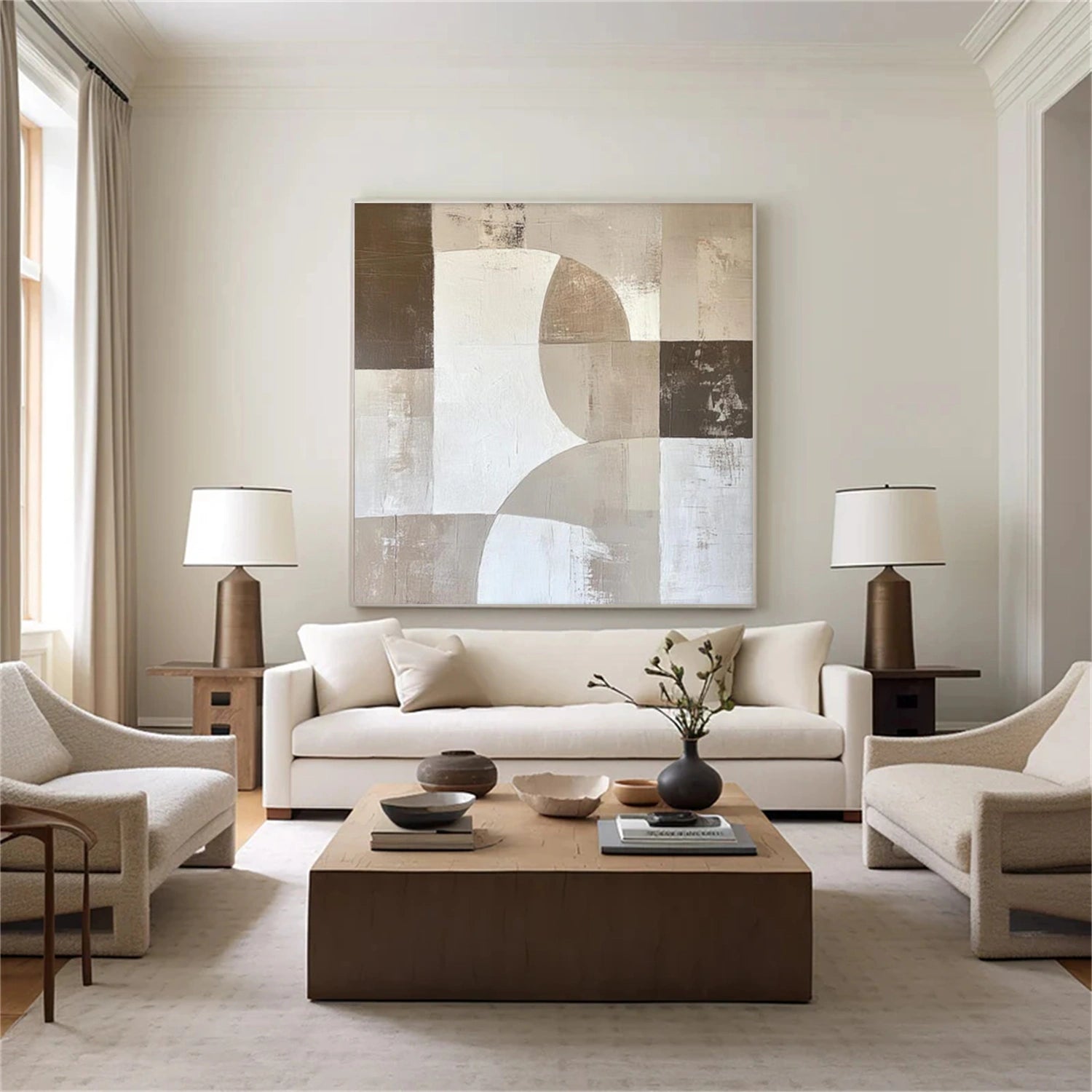 Neutral geometric Wabi Sabi canvas art in a bright living room by Wonder Artwork