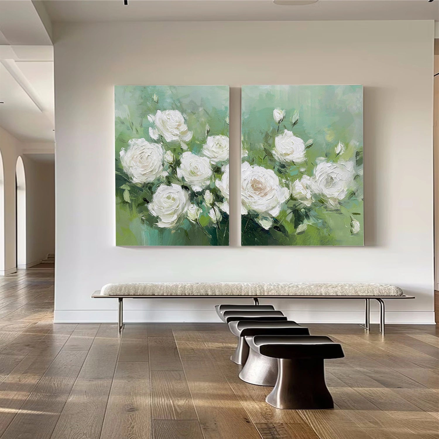 White and Green Flower Abstract Textured Wall Art Set of 2 #FP163