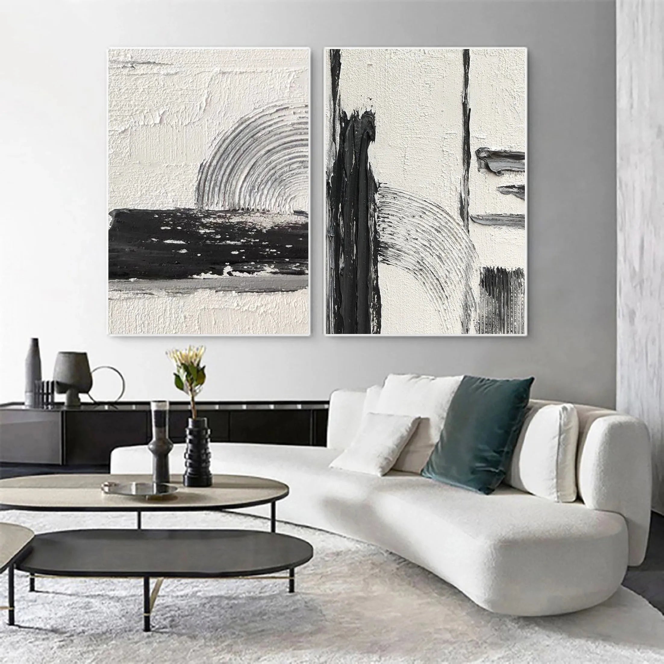 White and Black Minimalist Textured Canvas Set of 2 #MT051