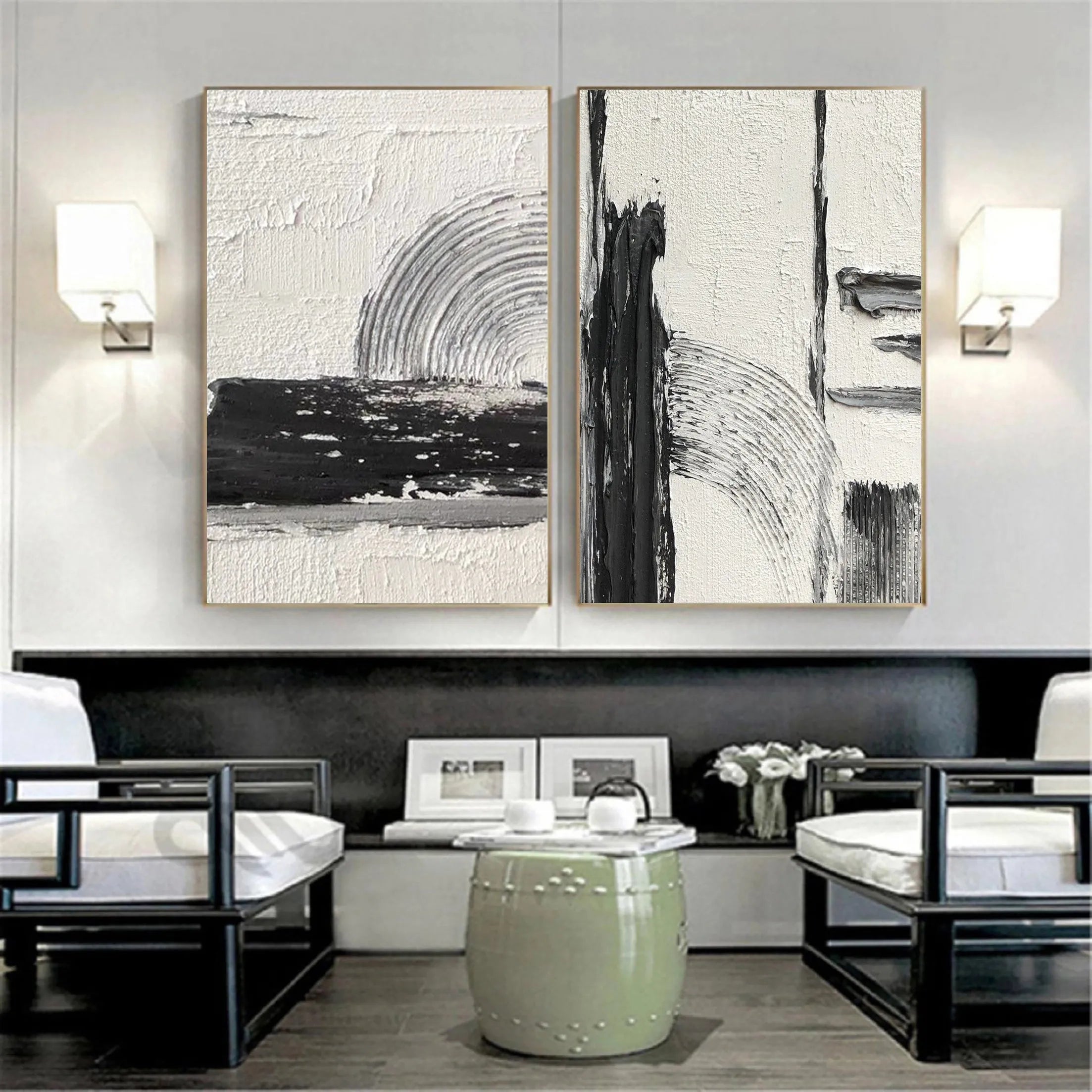 White and Black Minimalist Textured Canvas Set of 2 #MT051