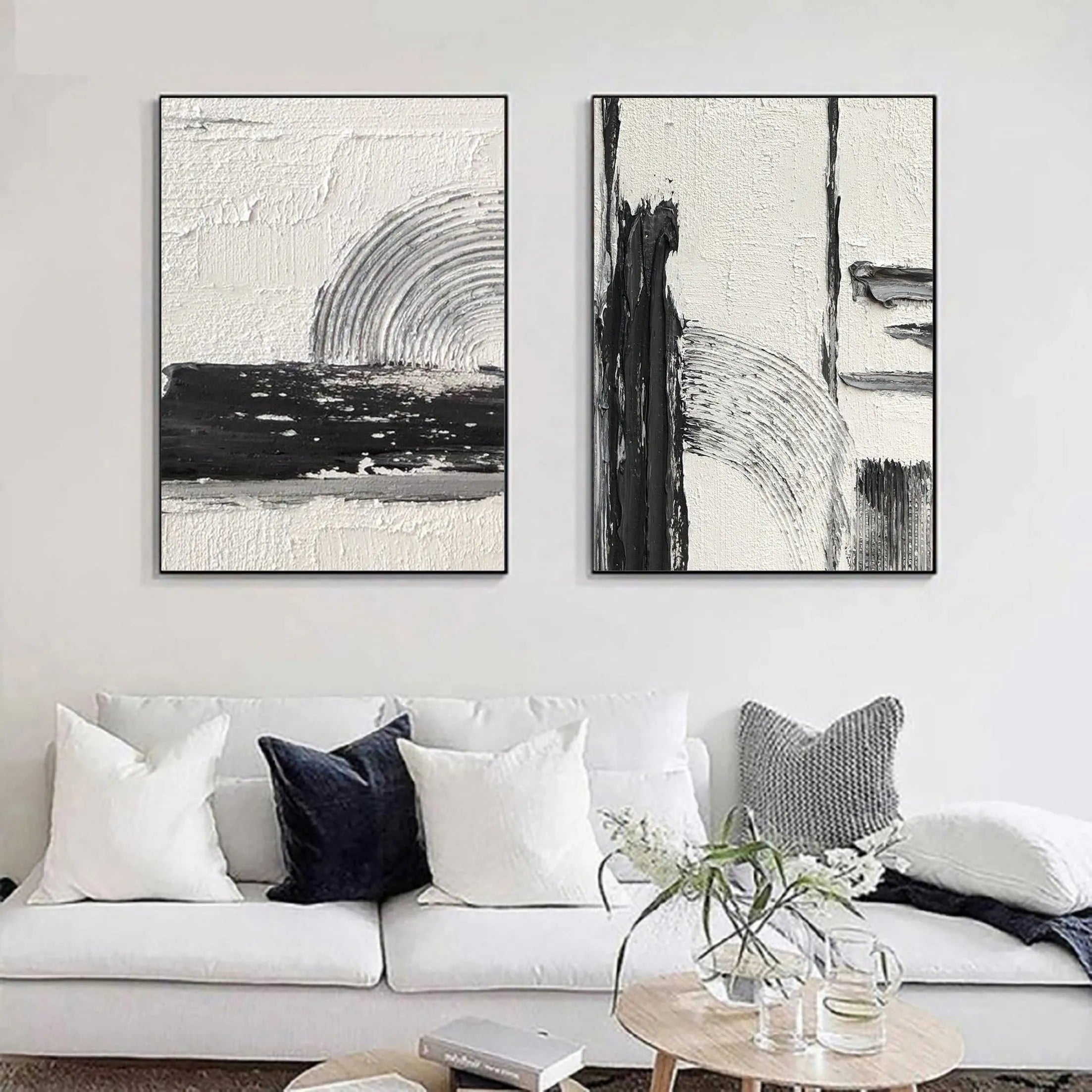 White and Black Minimalist Textured Canvas Set of 2 #MT051