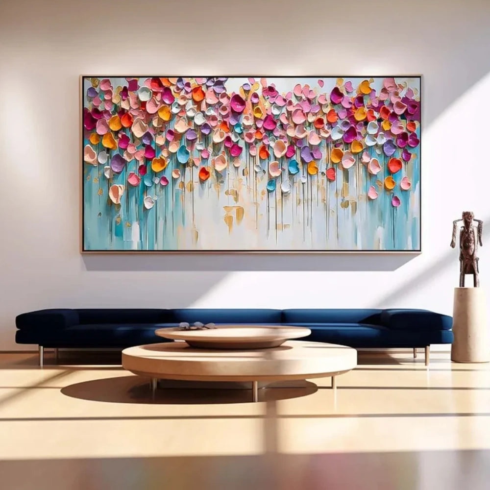 Wide textured abstract canvas with multicolor raised marks above a sofa by Wonder Artwork