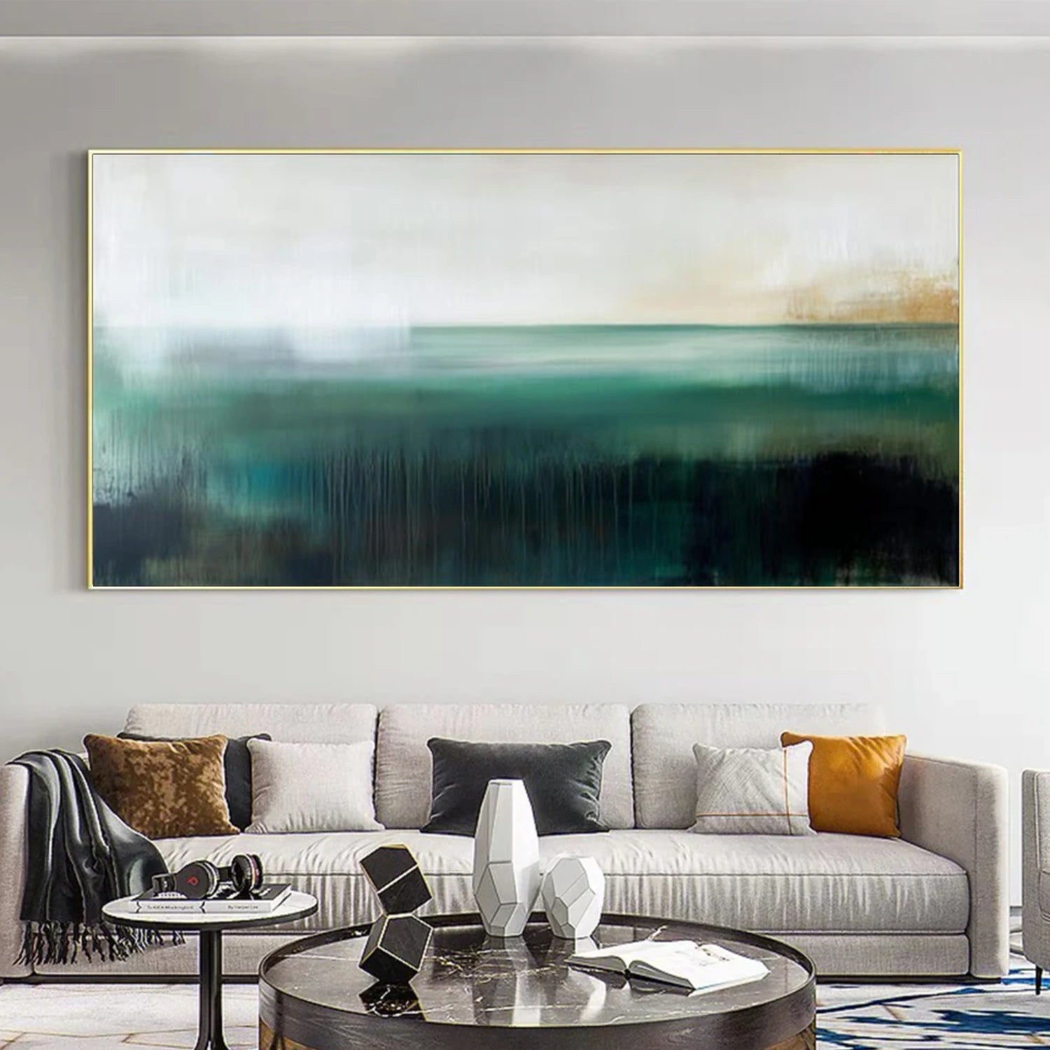 Large horizontal Wabi Sabi canvas wall art above a neutral sofa from Wonder Artwork