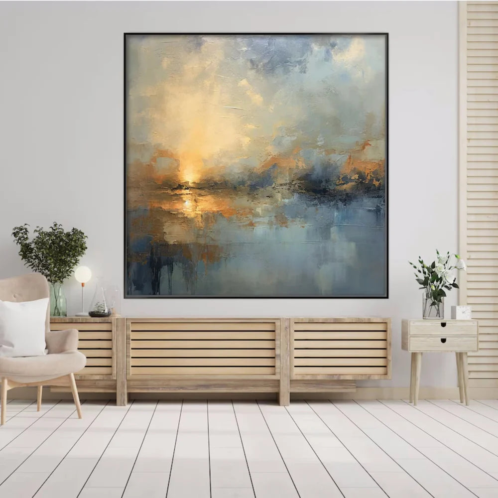 Contemporary square abstract painting completing an open living room wall by Wonder Artwork