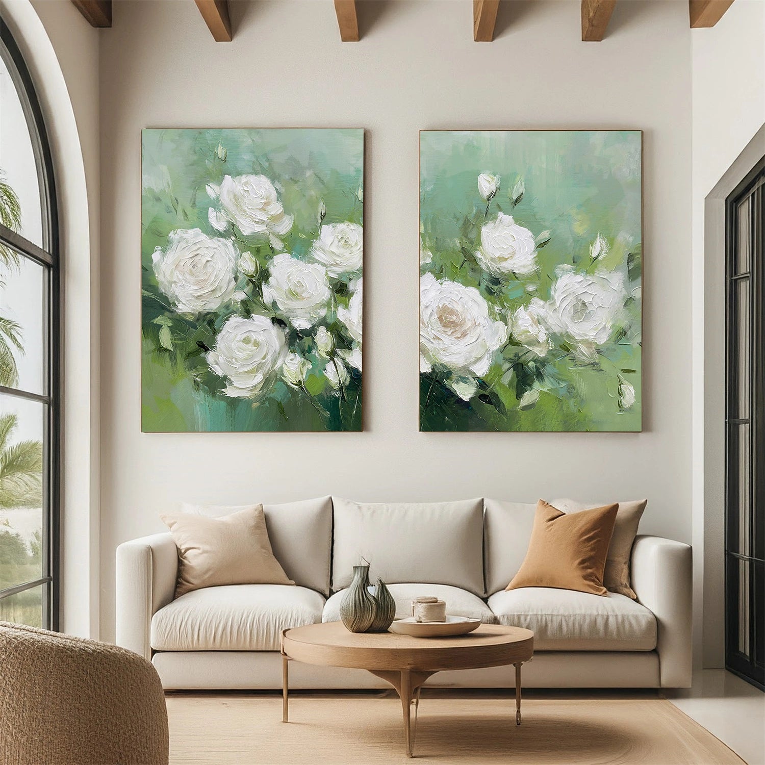 White and Green Flower Abstract Textured Wall Art Set of 2 #FP163