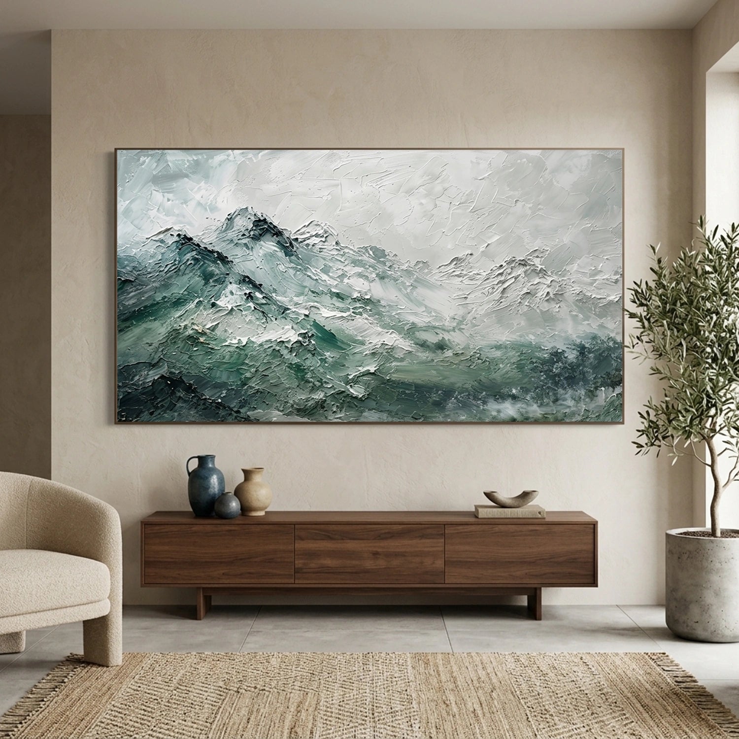 Green Minimalist Mountain Textured Canvas Art #MO061