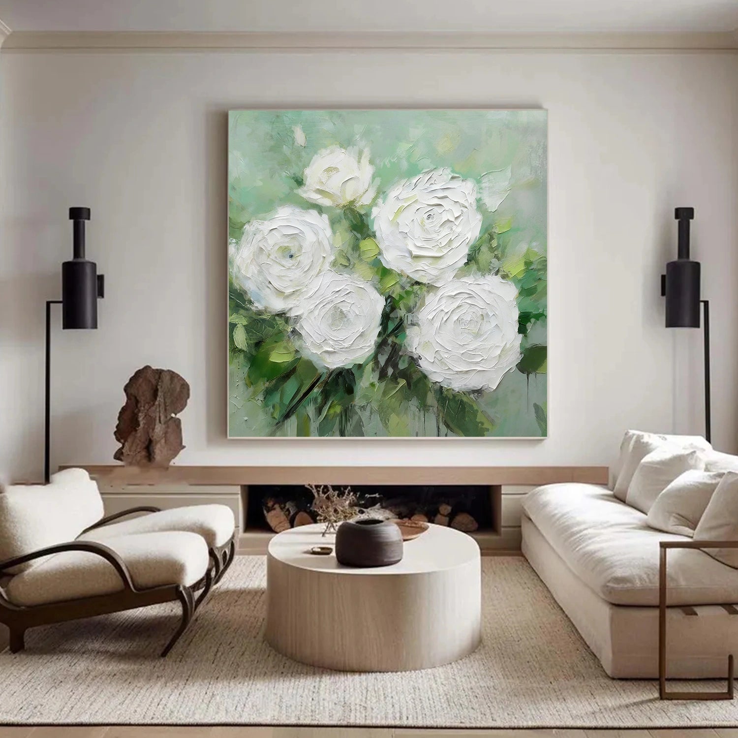 White and Green Flower Abstract Textured Wall Art #FP161