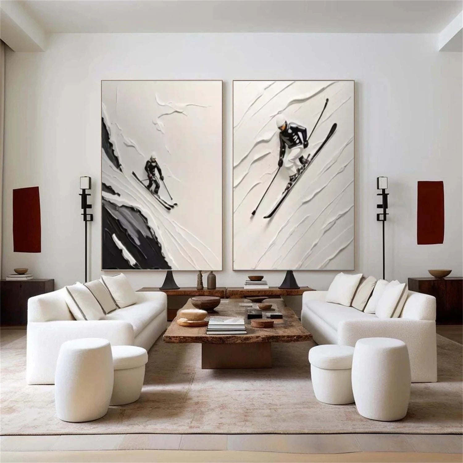 Black and White Skiing Sport Textured Wall Art Set of 2 #MS052