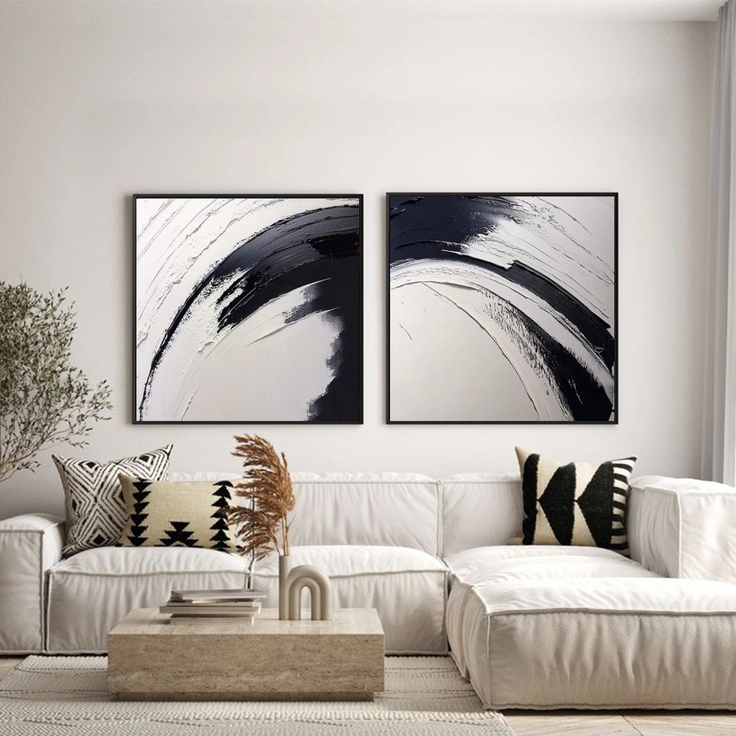 Black and White Minimalist Textured Canvas Art Set of 2#MT183