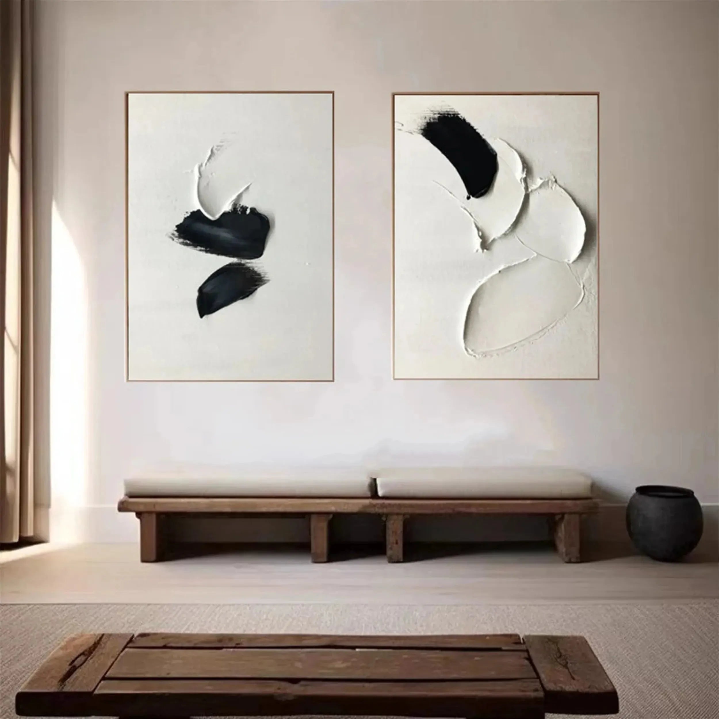 White and Black Minimalist Textured Canvas Set of 2 #MT049