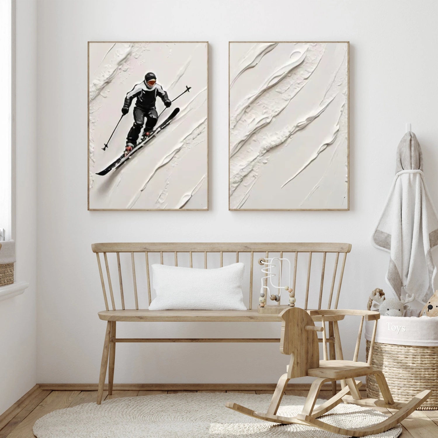 Black and White Skiing Sport Textured Wall Art Set of 2 #MS053