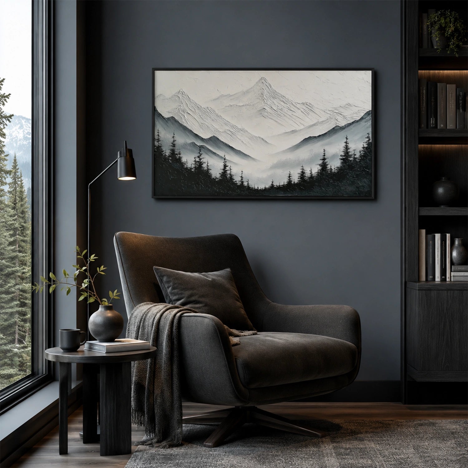 Black and White Minimalist Mountain Textured Canvas Art #MO071