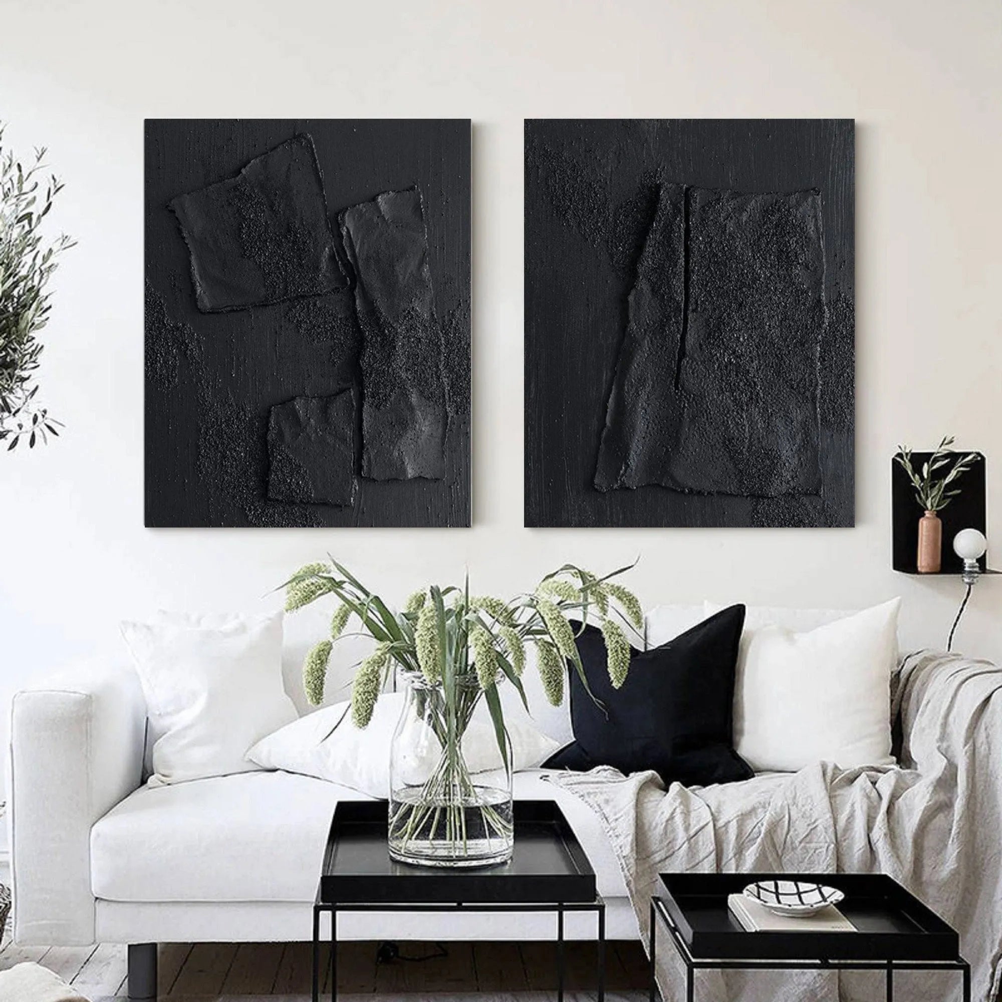 Black Minimalist Textured Canvas Set of 2 #MT066