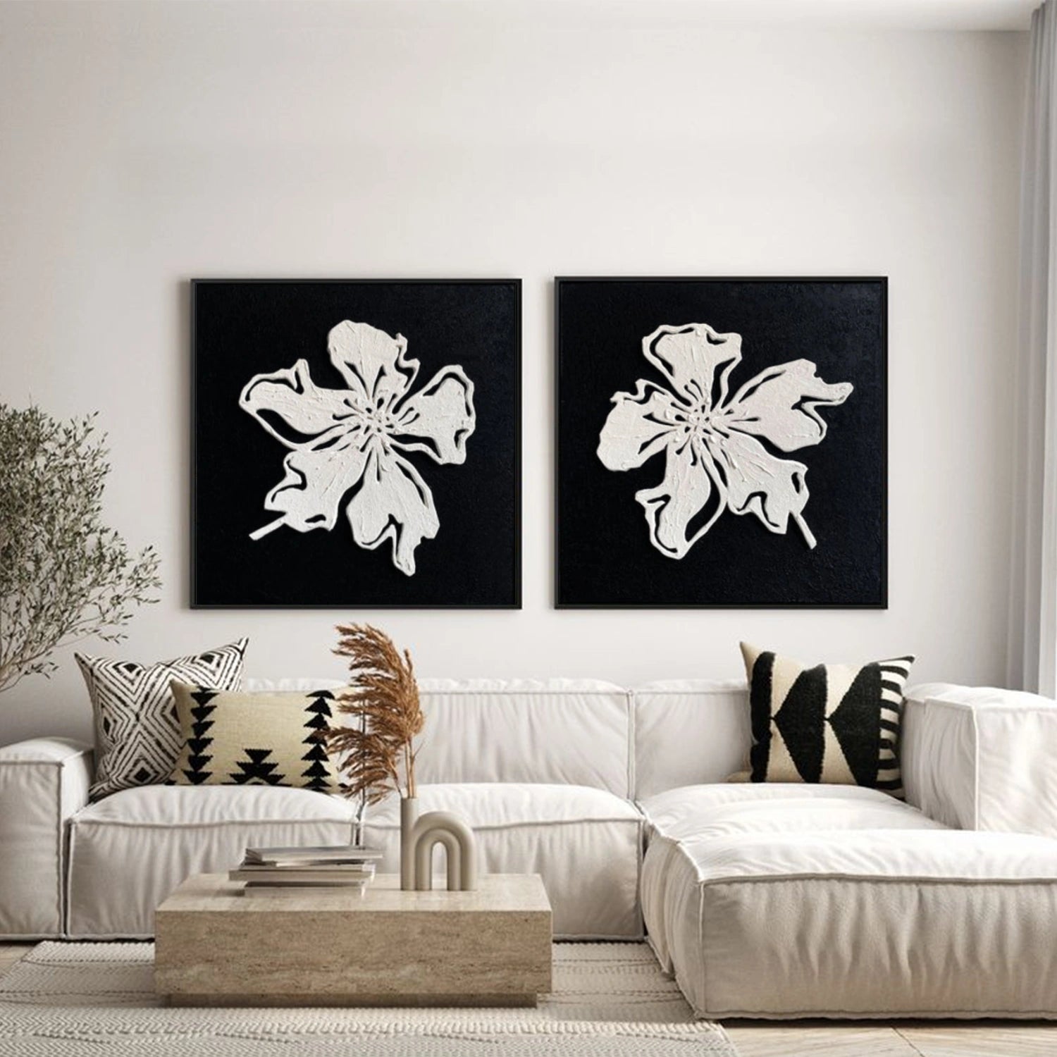Black and White Flower Abstract Textured Wall Art Set of 2 #FP195