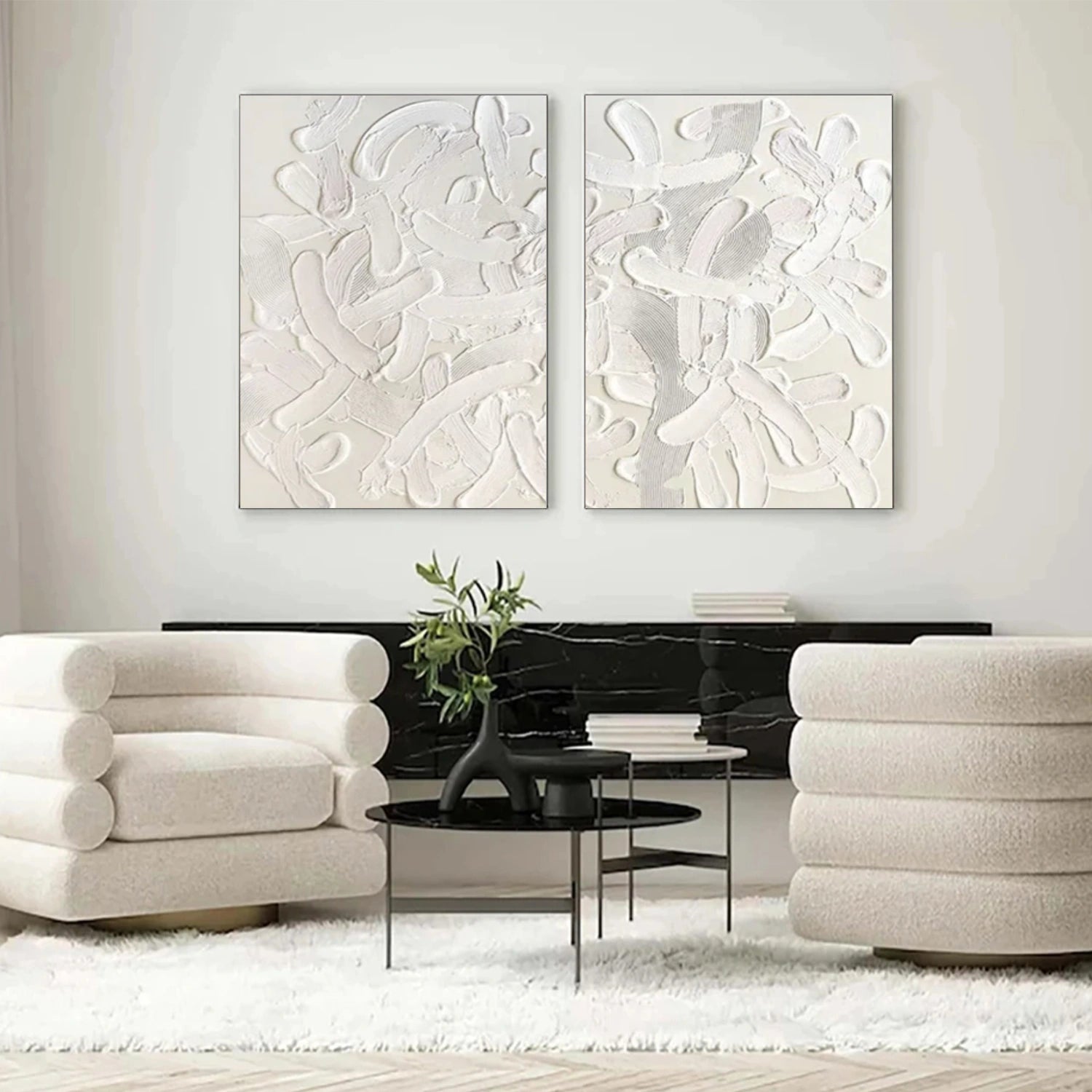 Beige and White Minimalist Textured Canvas Art Set of 2 #MT141