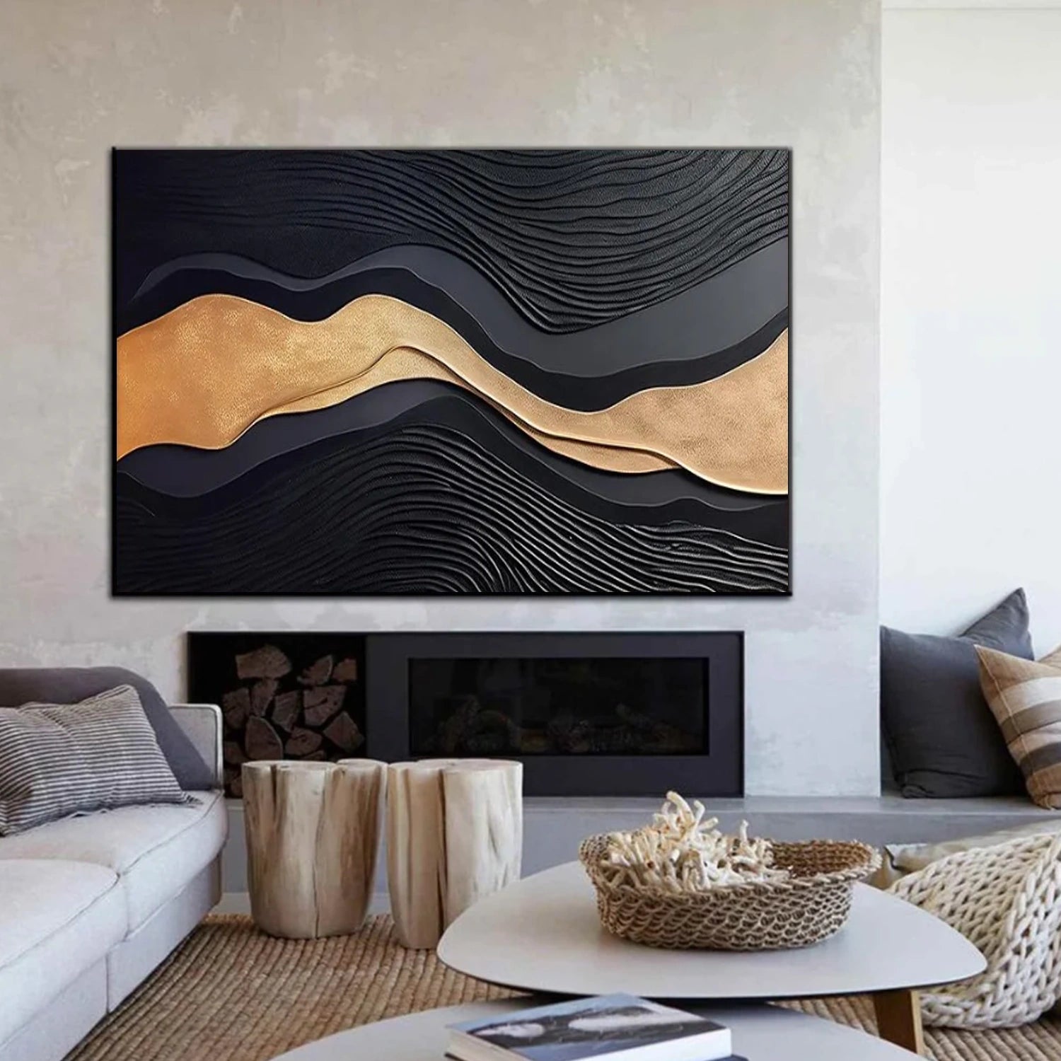 Black and Gold Minimalist Textured Canvas Art #MT186