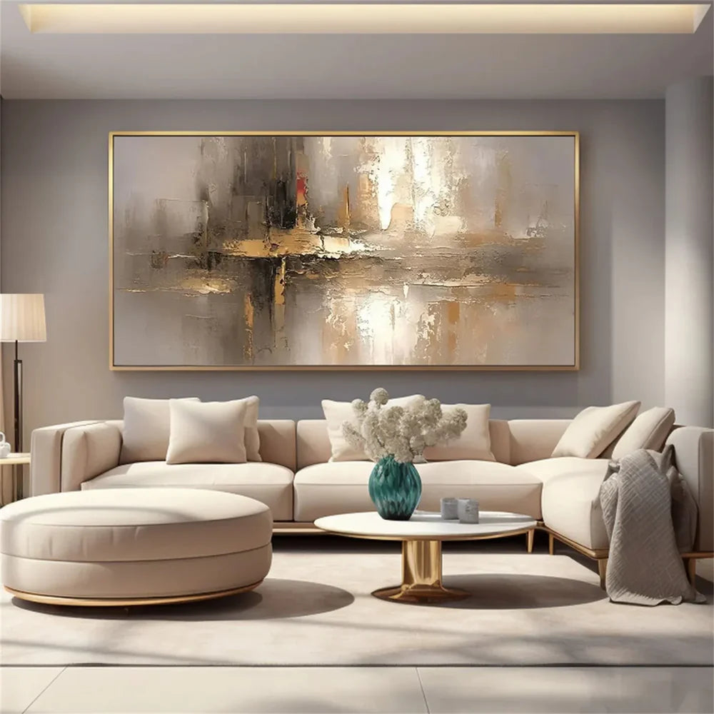 Large abstract wall art used as a focal point above living room furniture by Wonder Artwork