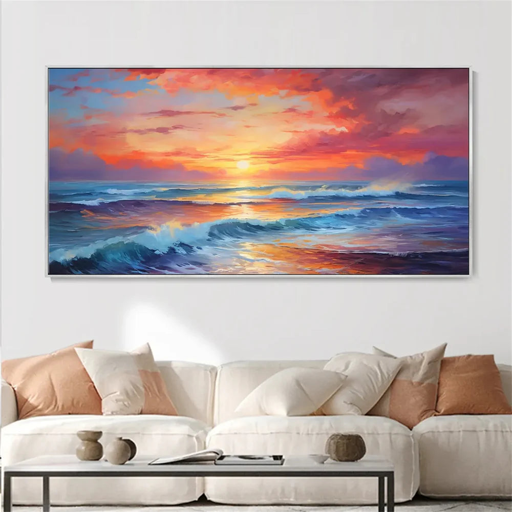 Orange and violet ocean sunset painting above a neutral sofa by Wonder Artwork