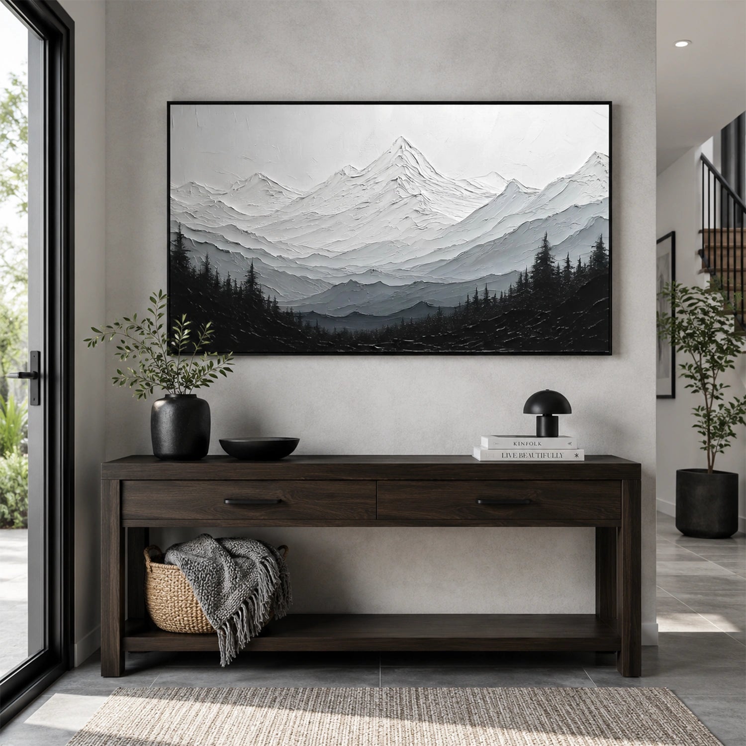 Black and White Minimalist Mountain Textured Canvas Art #MO072