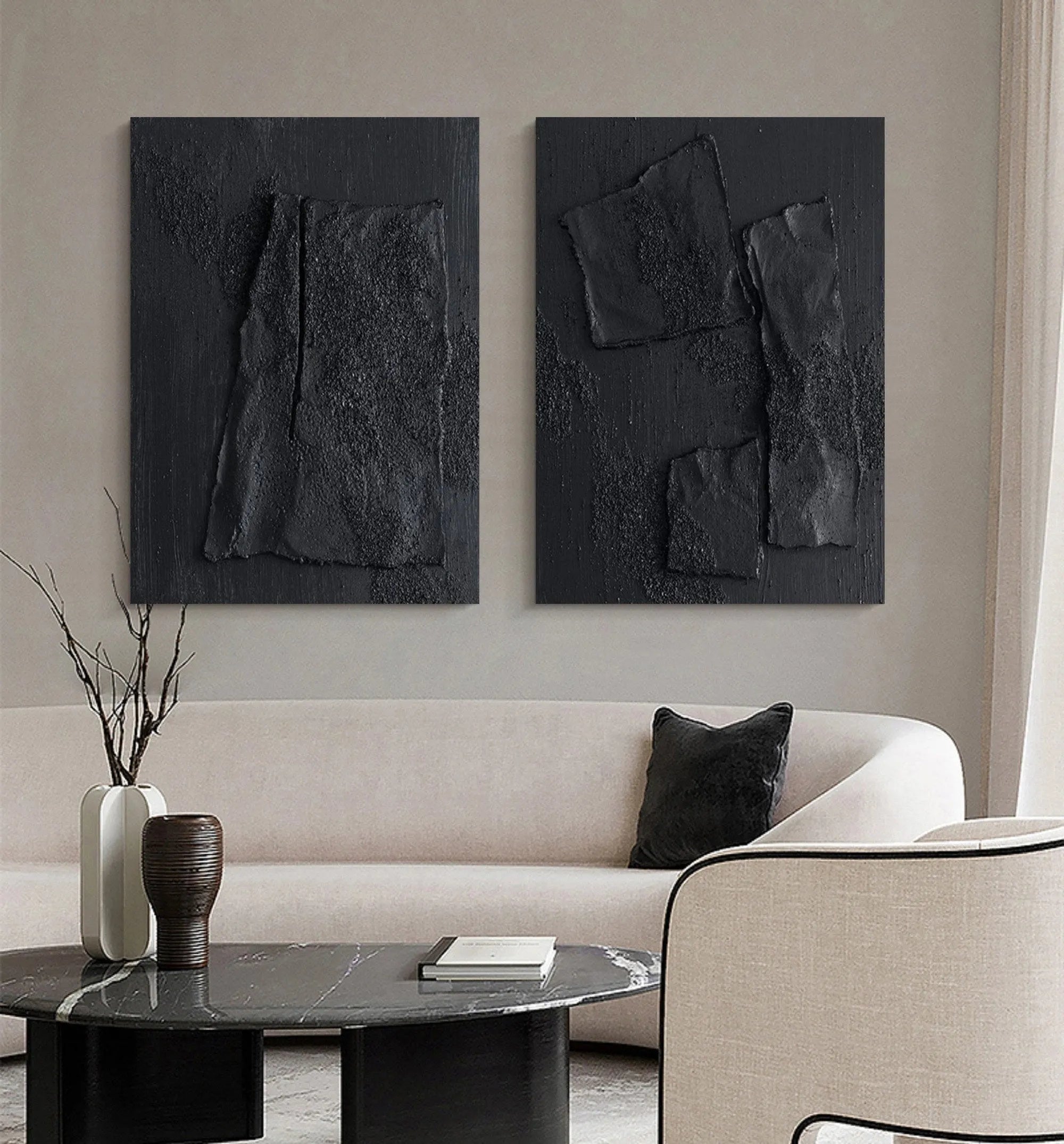 Black Minimalist Textured Canvas Set of 2 #MT066