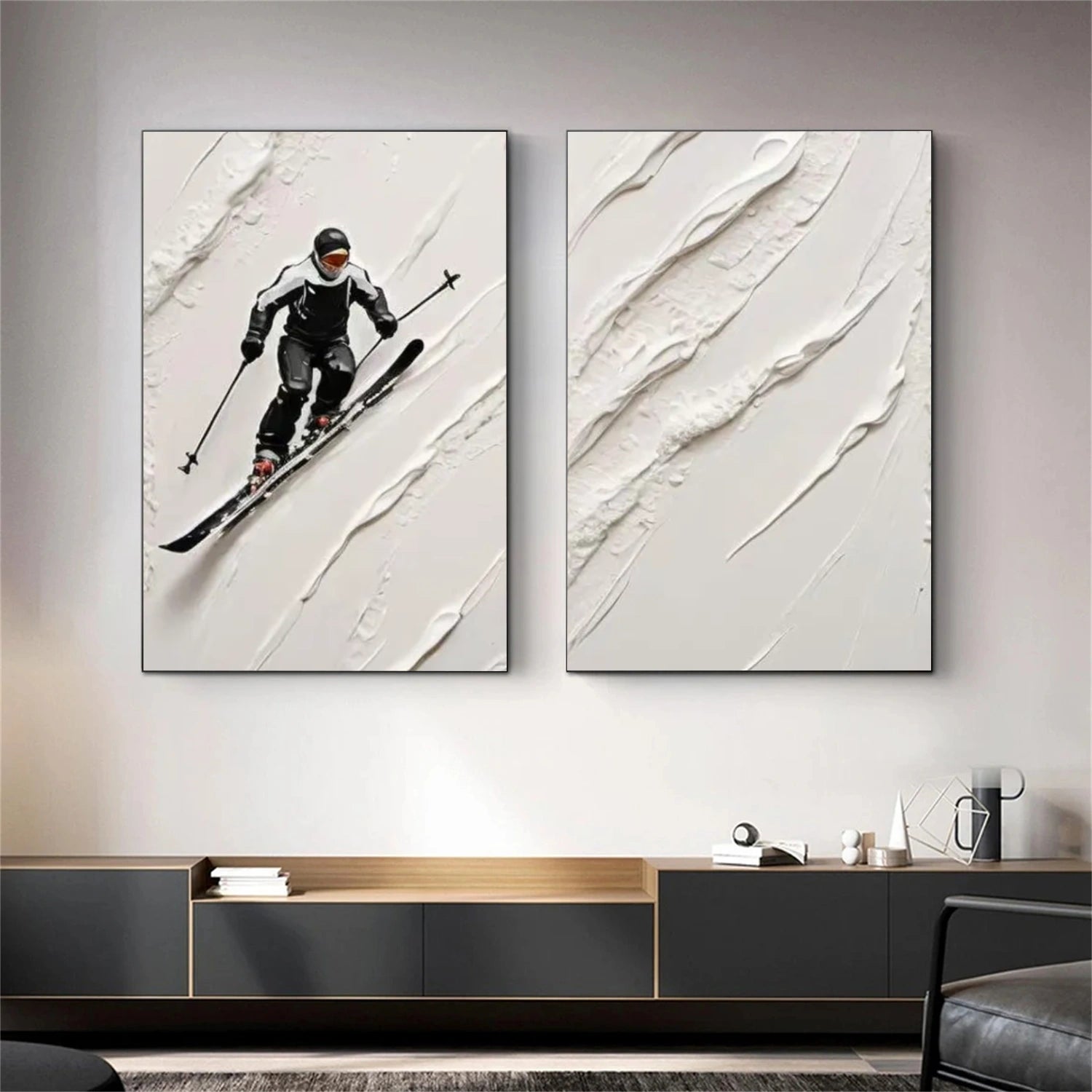 Black and White Skiing Sport Textured Wall Art Set of 2 #MS053