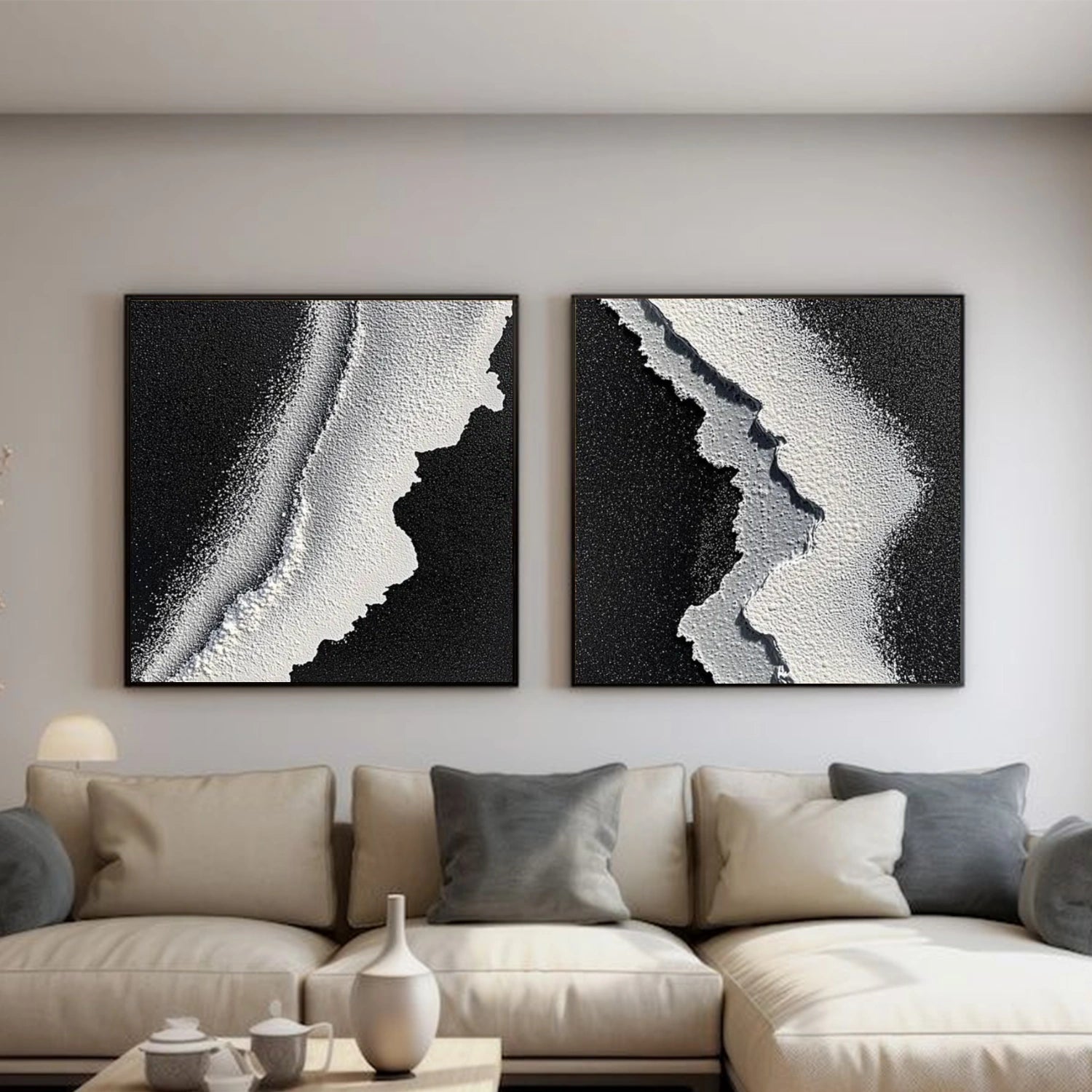 Black and White Ocean Abstract Textured Wall Art Set of 2 #OP040