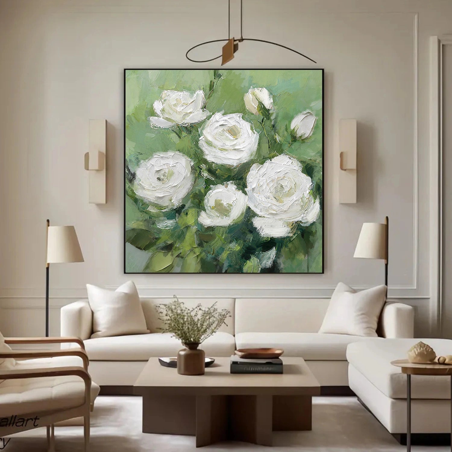 White and Green Flower Abstract Textured Wall Art #FP162