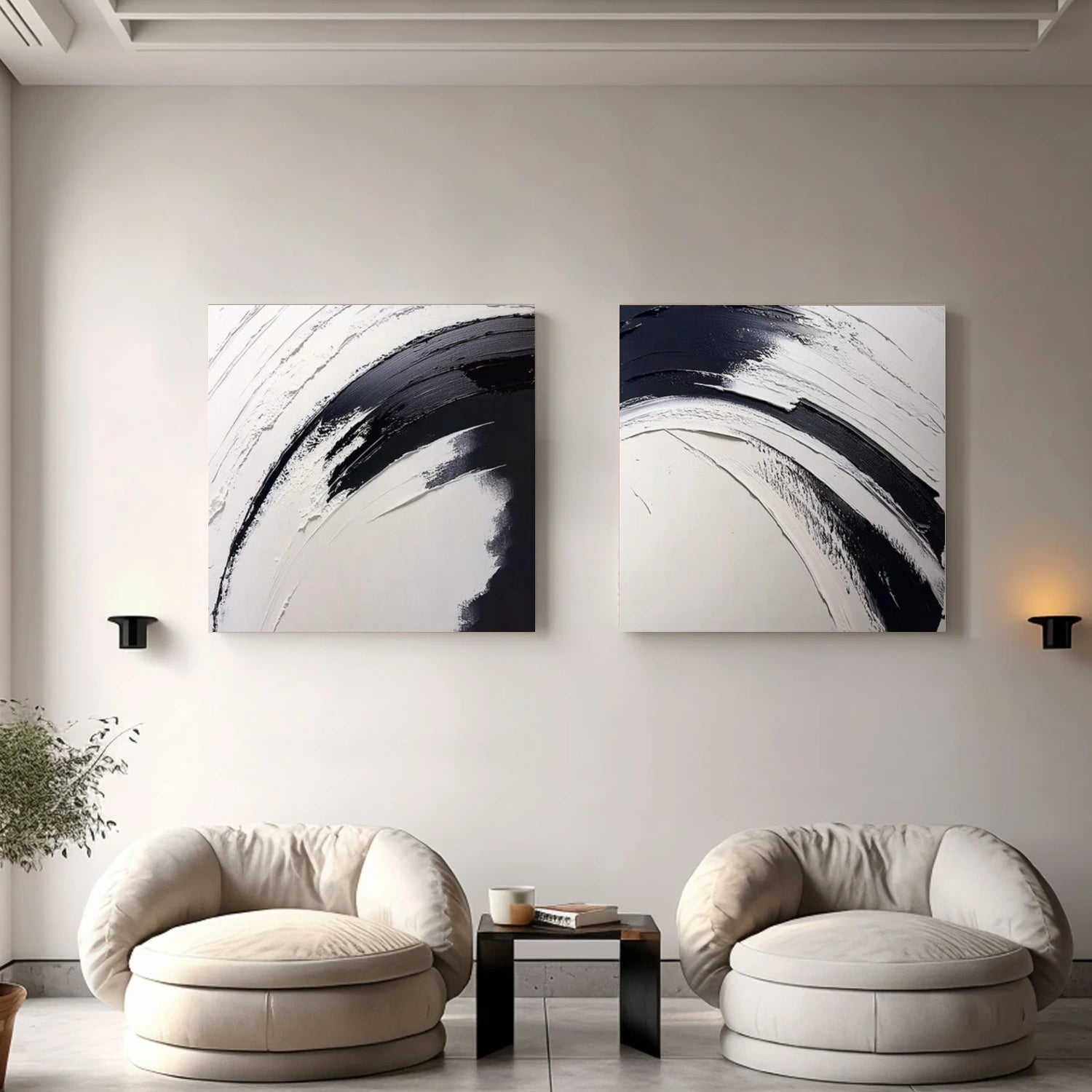Black and White Minimalist Textured Canvas Art Set of 2#MT183
