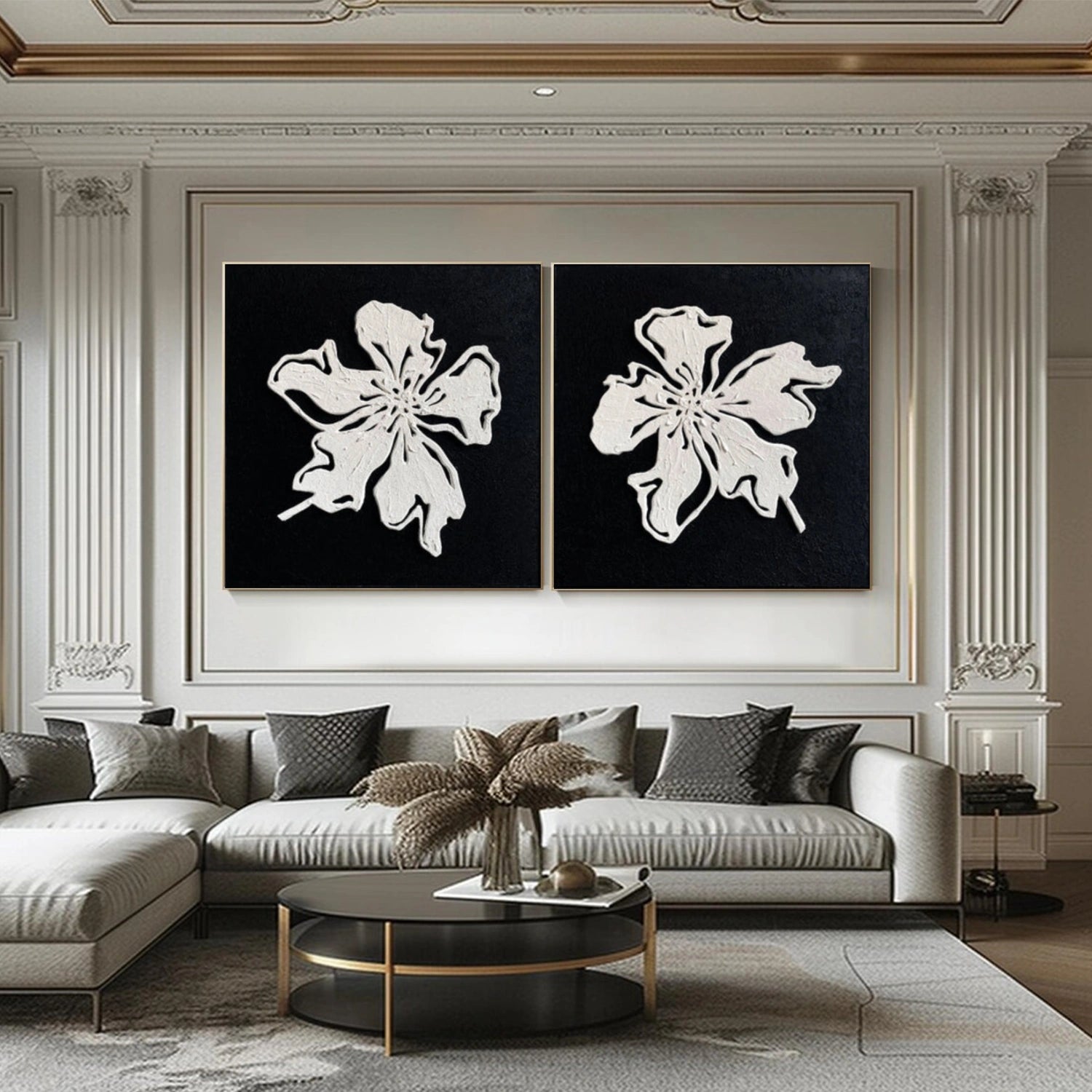 Black and White Flower Abstract Textured Wall Art Set of 2 #FP195