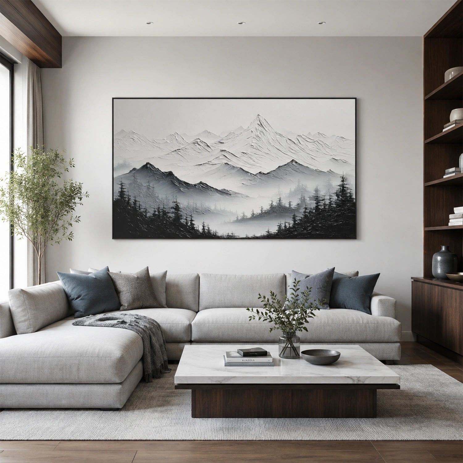 Black and White Minimalist Mountain Textured Canvas Art #MO073