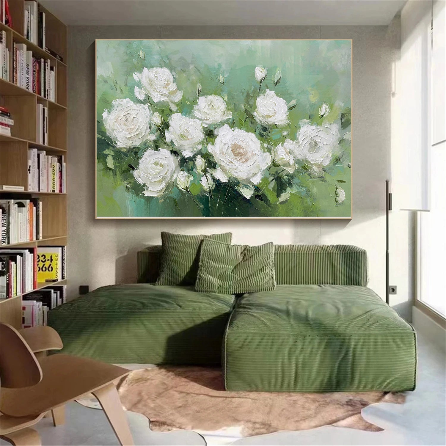 White and Green Flower Abstract Textured Wall Art #FP160