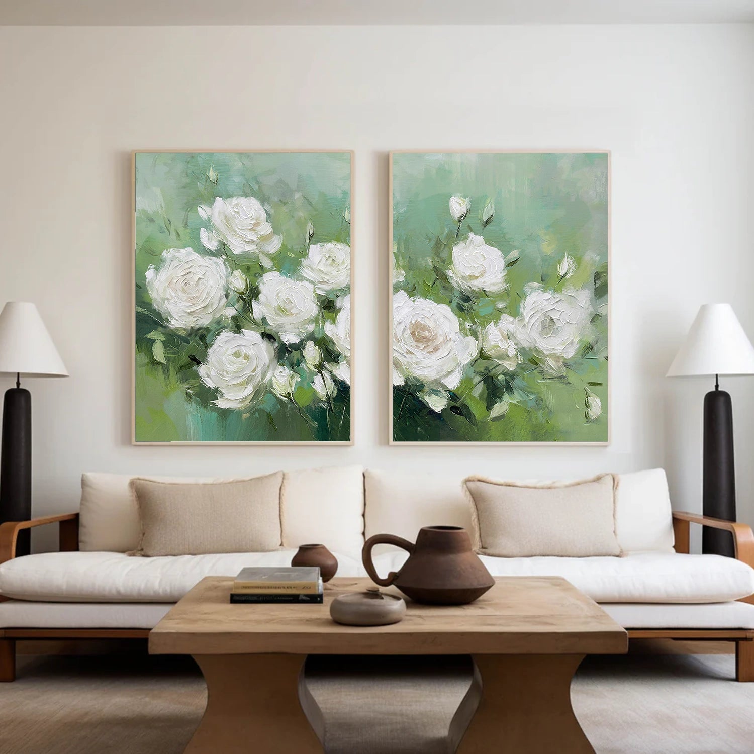 White and Green Flower Abstract Textured Wall Art Set of 2 #FP163