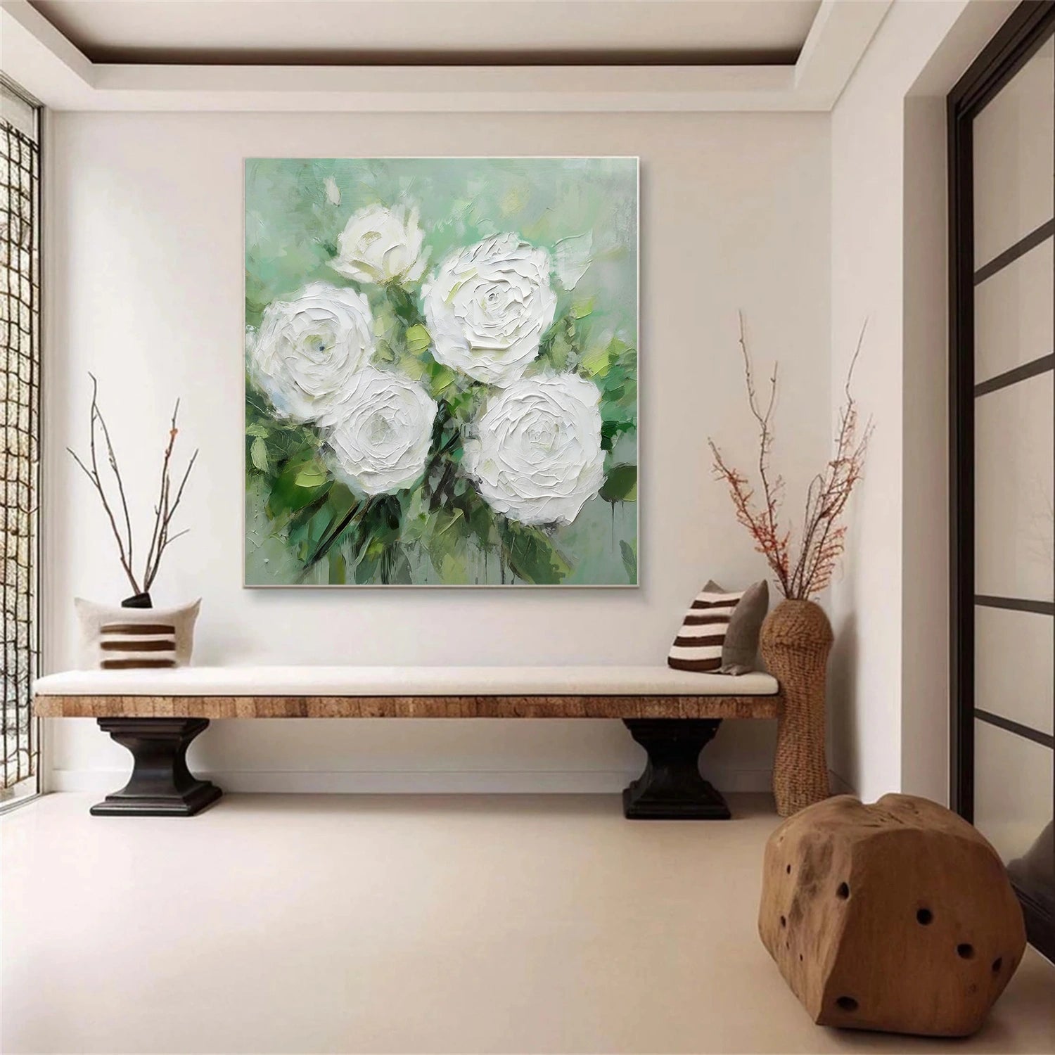 White and Green Flower Abstract Textured Wall Art #FP161