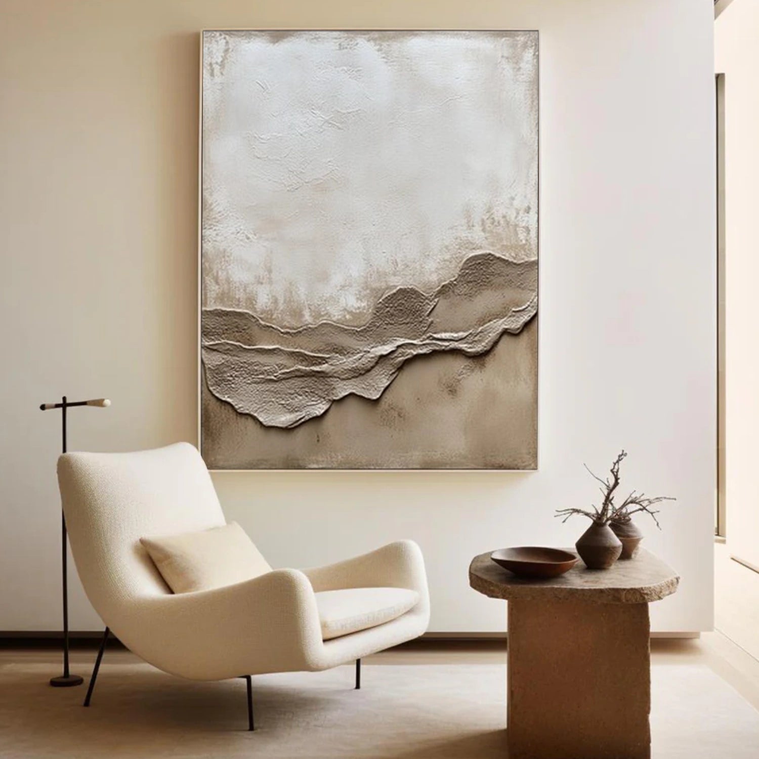 White and Brown Minimalist Textured Canvas Art #MT172