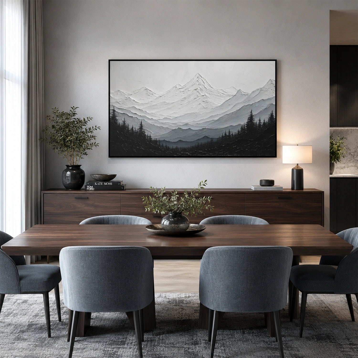 Black and White Minimalist Mountain Textured Canvas Art #MO072