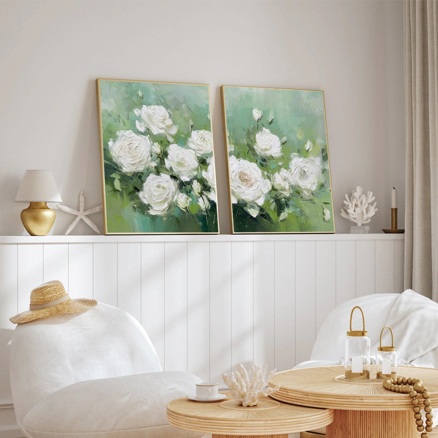 White and Green Flower Abstract Textured Wall Art Set of 2 #FP163