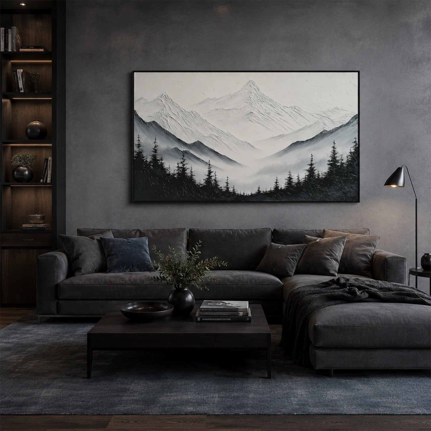 Black and White Minimalist Mountain Textured Canvas Art #MO071