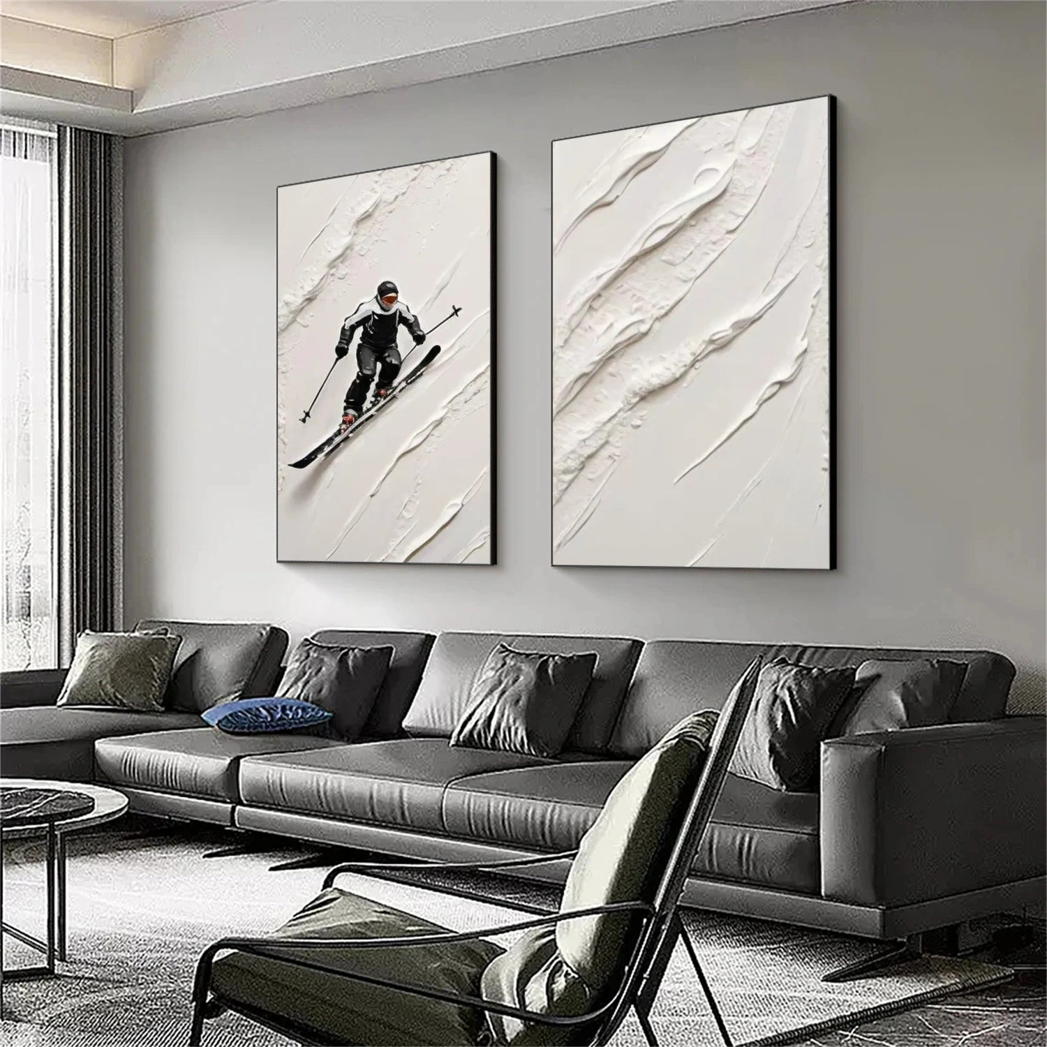 Black and White Skiing Sport Textured Wall Art Set of 2 #MS053