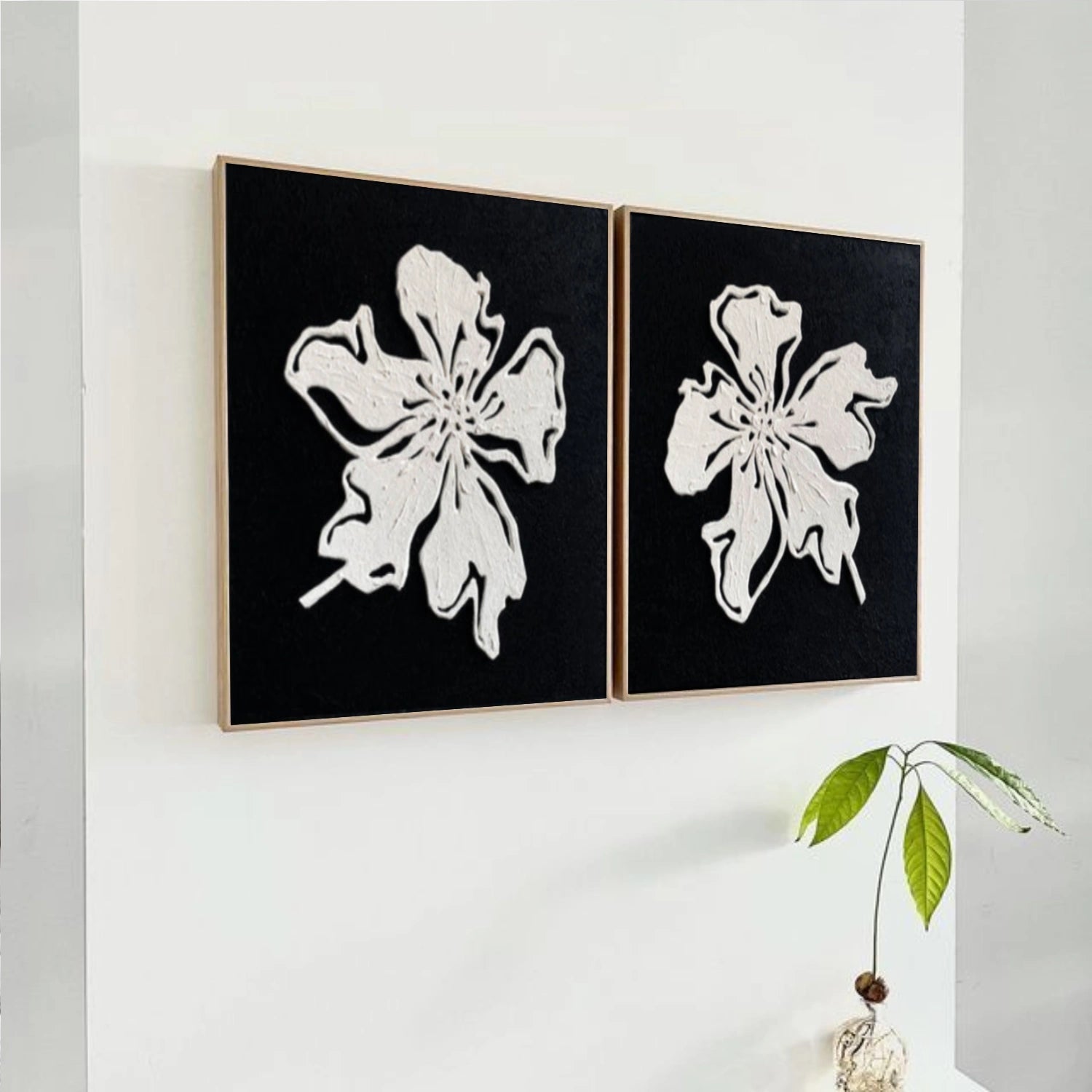 Black and White Flower Abstract Textured Wall Art Set of 2 #FP195